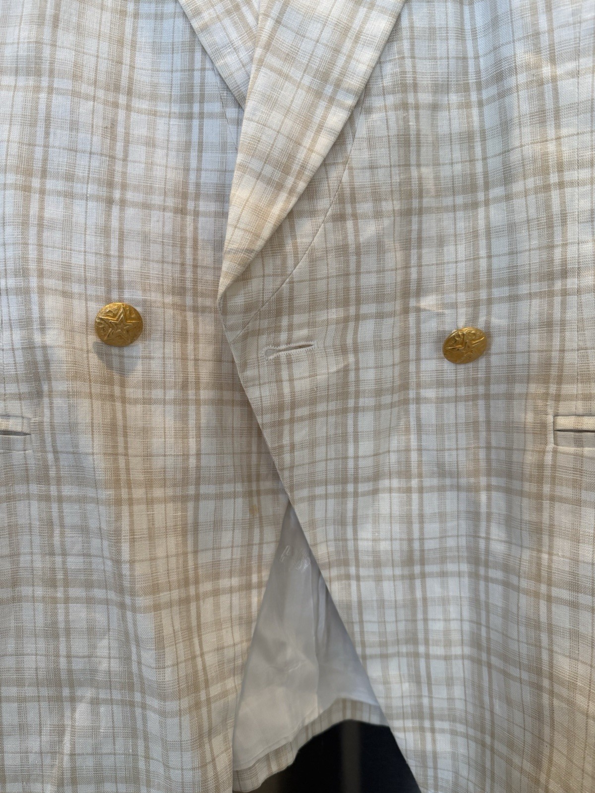 Escada Margaretha Ley 100% Linen Plaid Blazer Beige White Gray Size 34
