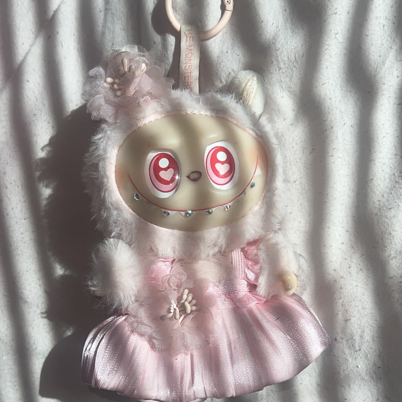 POP MART The Monsters Kawaii Pink Plush Keychain Faux Fur Bow Ruffle