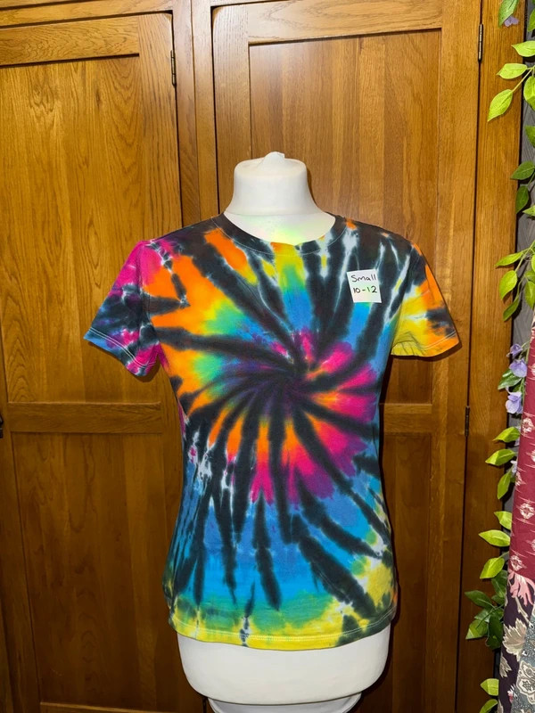 Small ladies tight fitting stretch rainbow swirl tie dye T-shirt