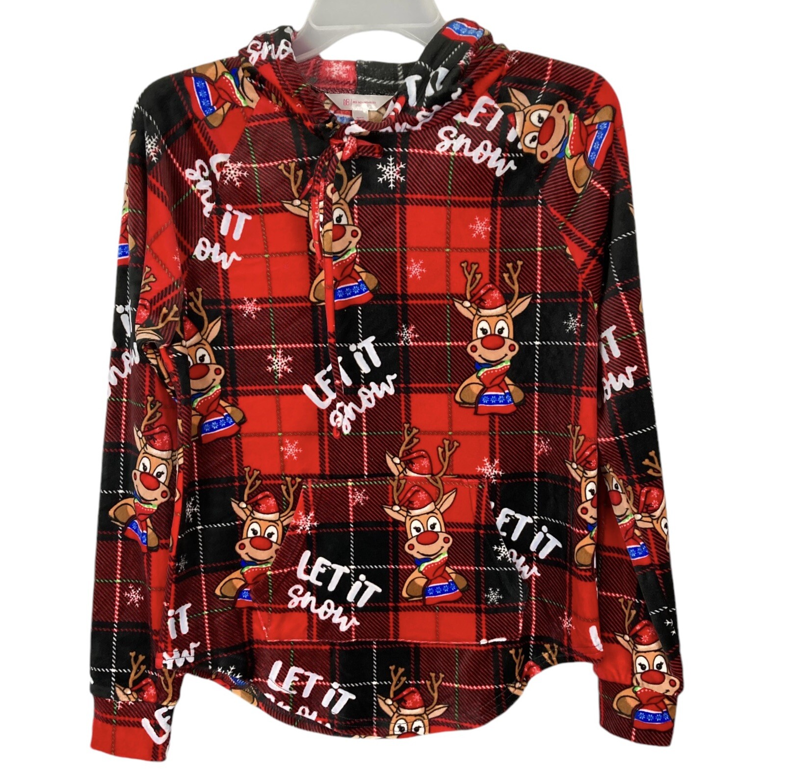 No Boundaries Jr. Girls Oh Reindeer Plush Hooded Pullover Rudolph Buffalo Plaid