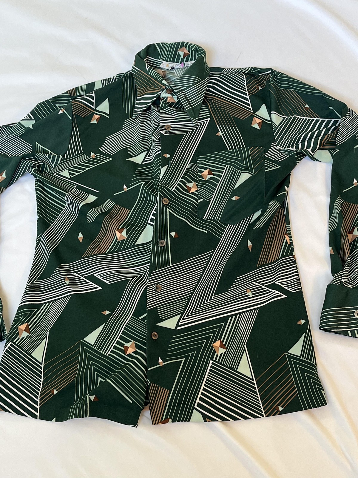 Vintage Disco Shirt M 70s Dagger Collar Long Sleeve Green Geometric Polyester
