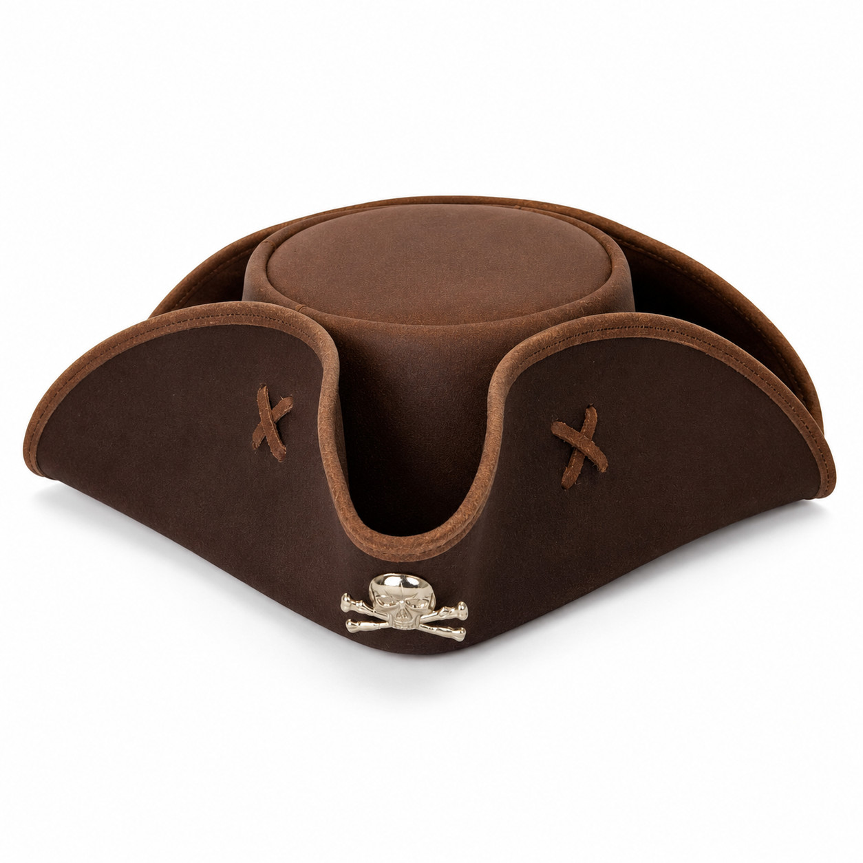 Brown Faux Leather Tricorn Pirate Hat Cross Stitch Handmade Costume LARP