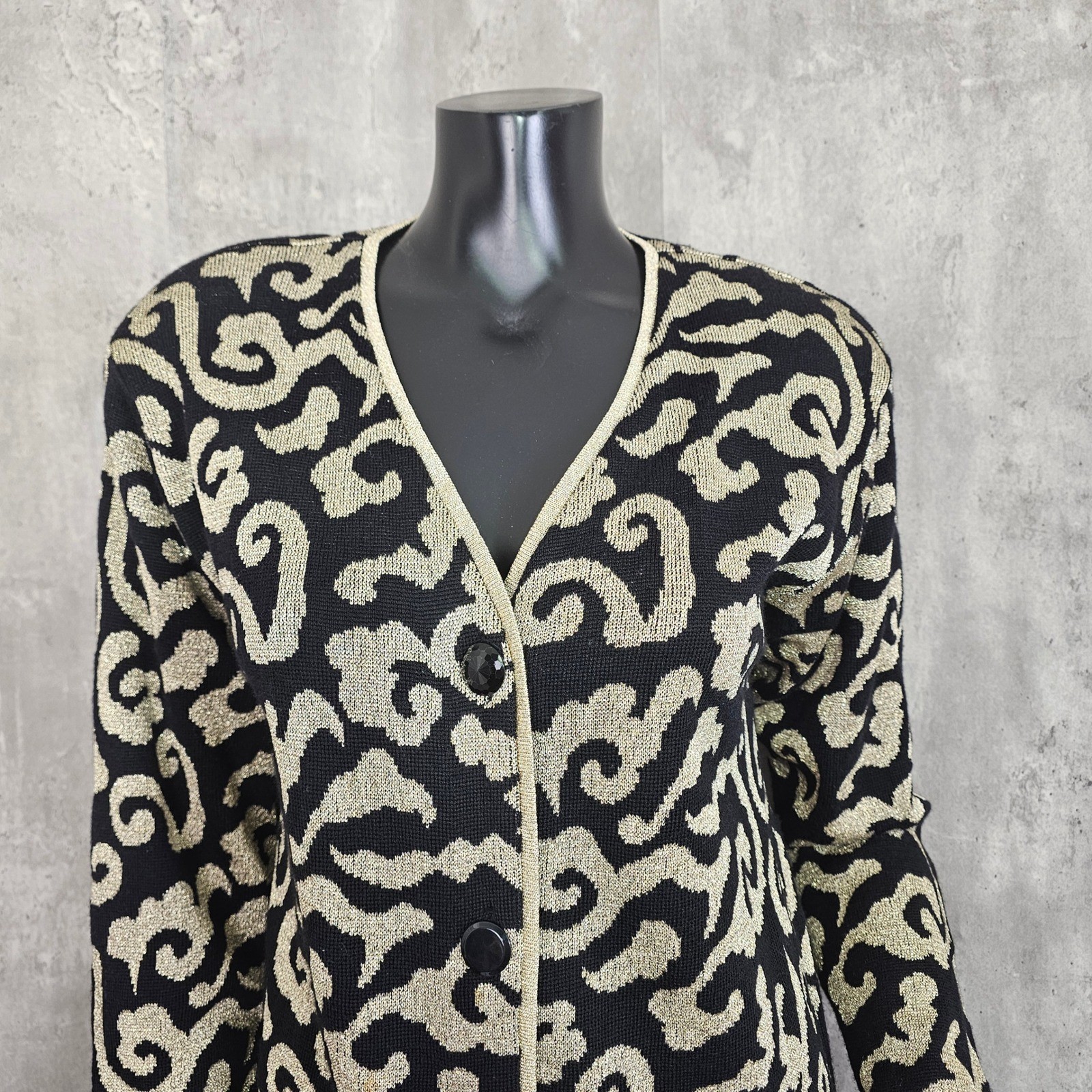 Vintage 80s 90s Tesori Baroque Knit Jacket Gold Black Wool Cardigan XS