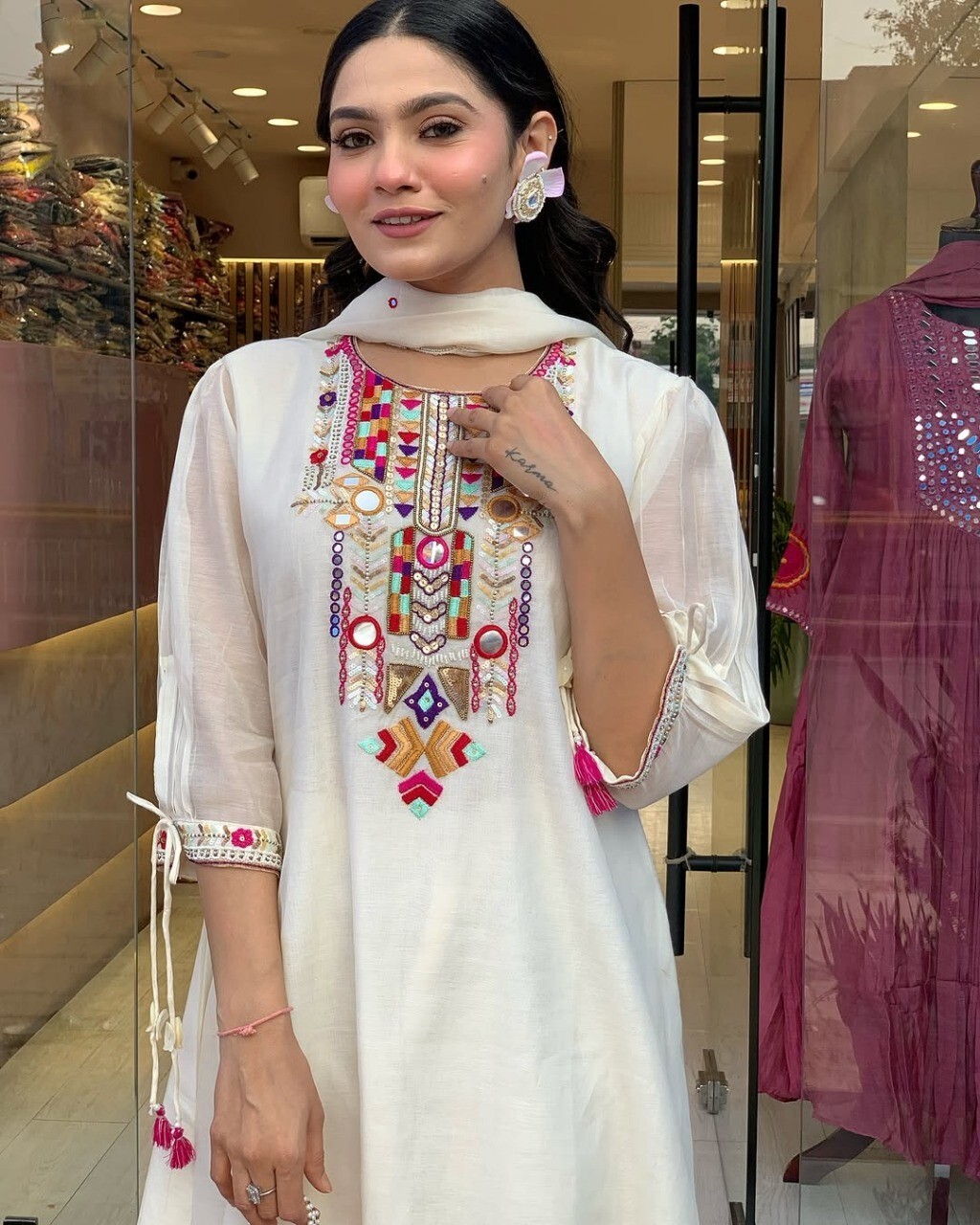 Indian Women Chanderi Silk Anarkali Kurta Pant Dupatta Set Kurti Salwar Kameez