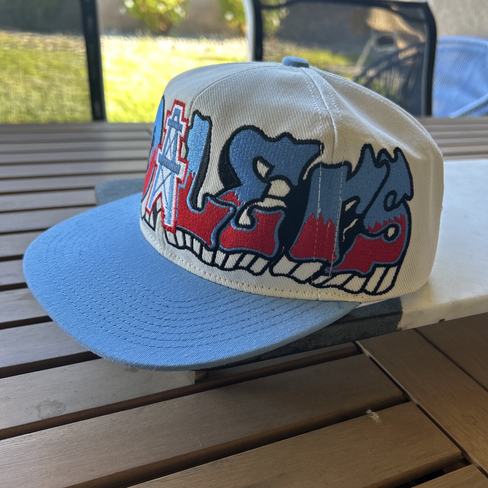 Houston Oilers Double Graffiti TOW Custom Snapback Hat Cap Cream Dome Two Tone