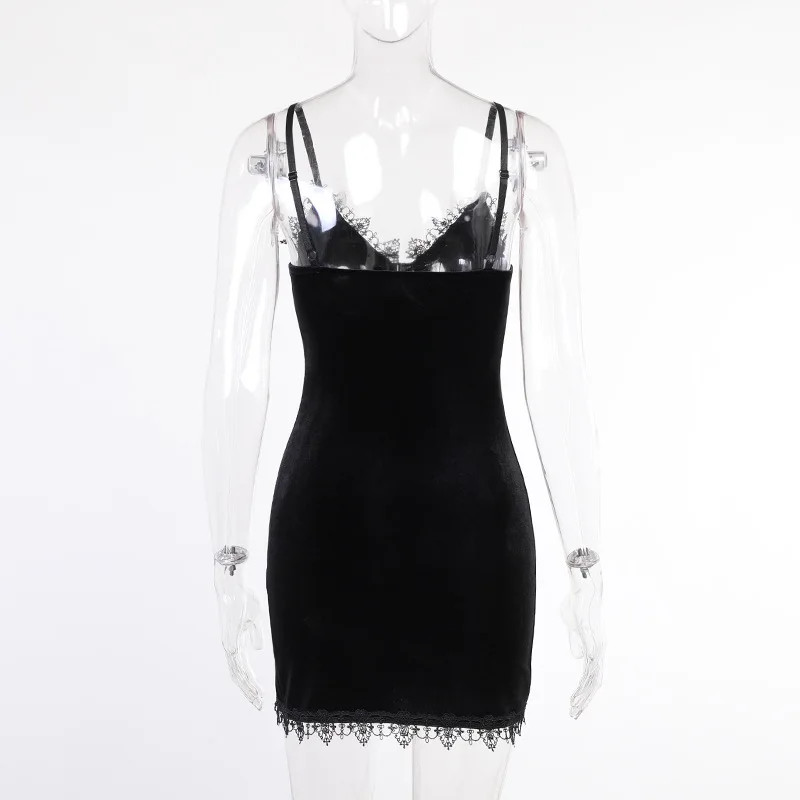 Black Mini Dress Vintage Sexy Spaghetti Strap Slit Dresses Goth Party Club Women