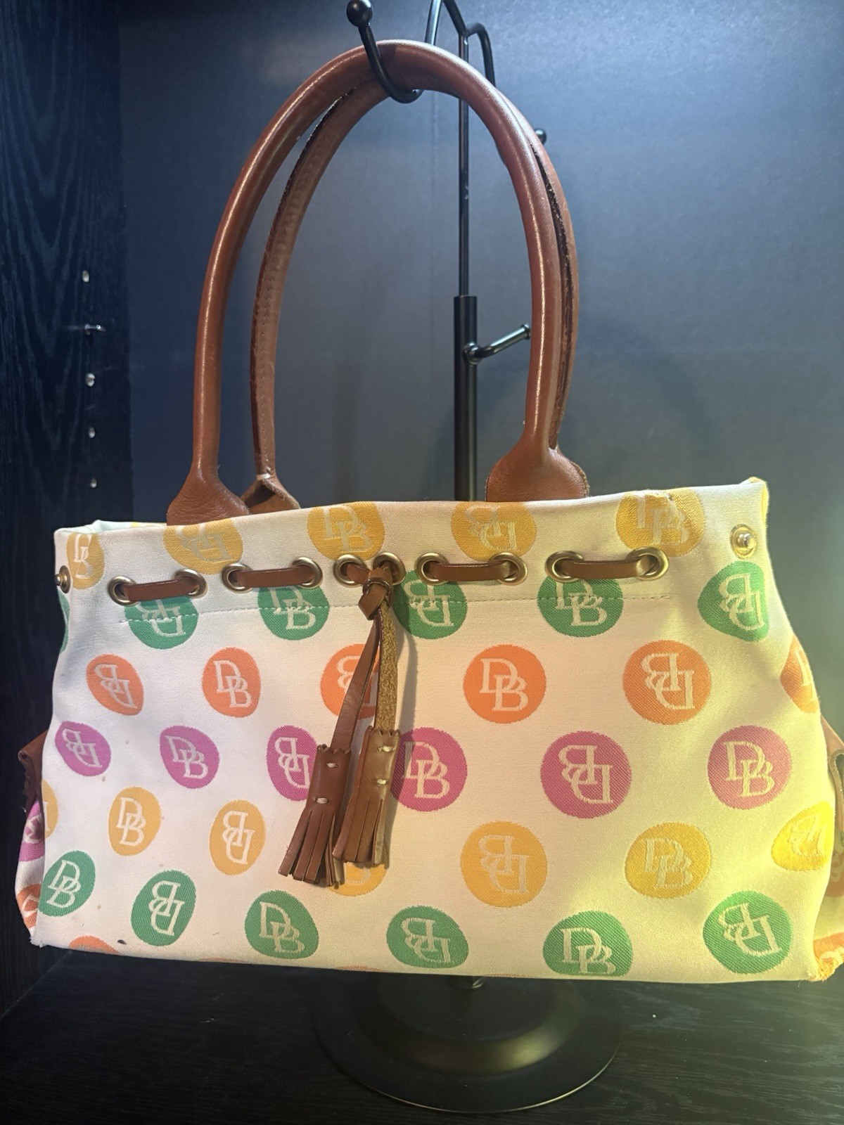 Dooney & Bourke Logo Tote Multicolor/White Drawstring Tassel Double Handles