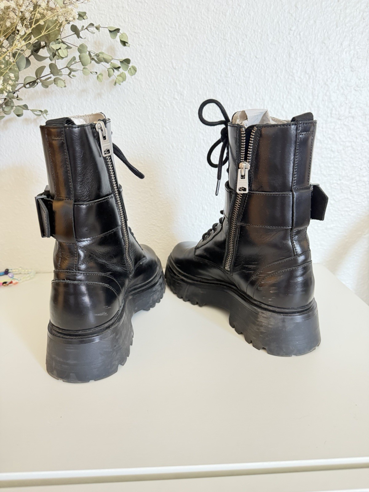 ALLSAINTS Onyx Black Leather Combat Boots Lace-Up Side Zip Buckle US 8 EU 38