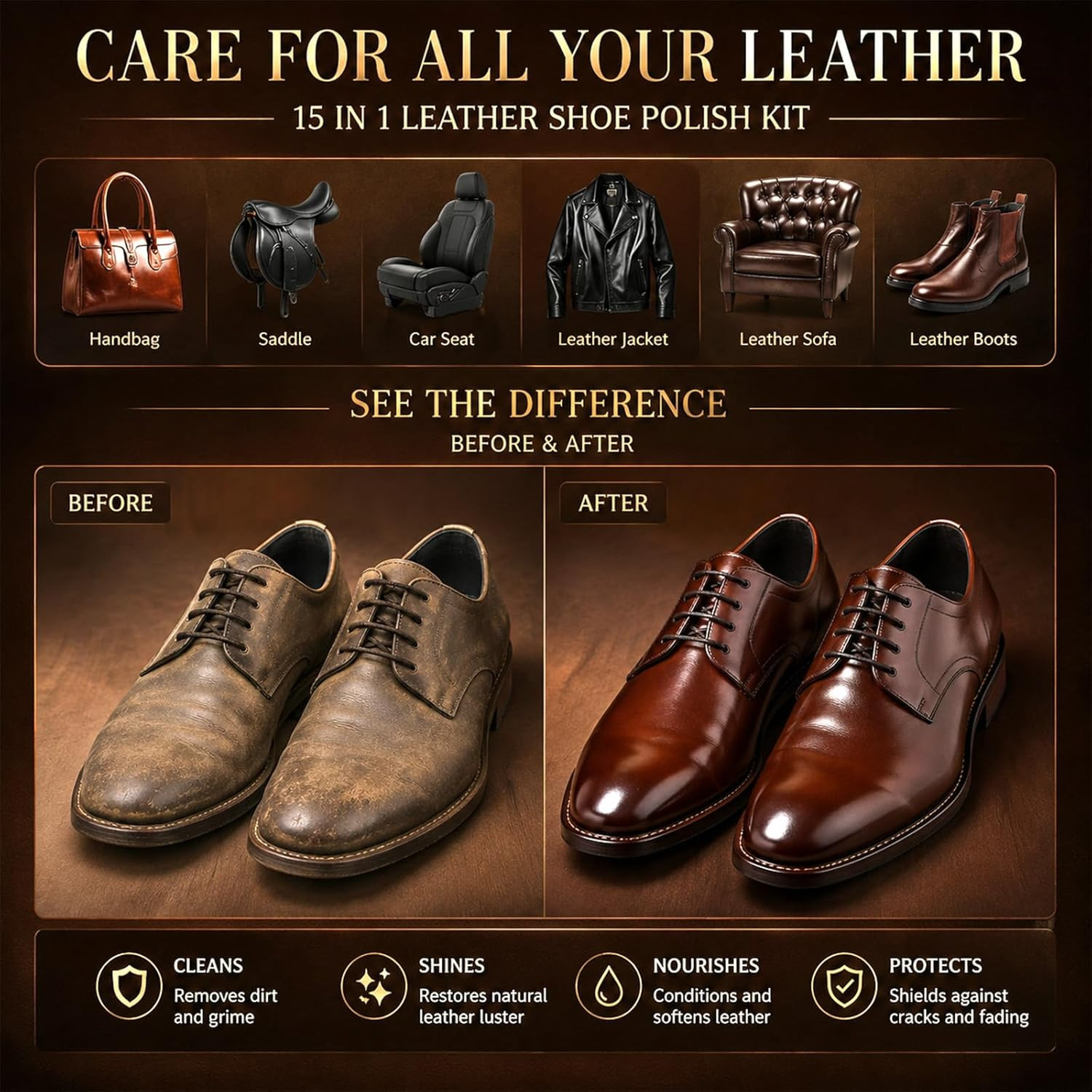 Shoe Polish Kit – 15PCS Shoe Care Kit with Black Brown Neutral Polish & Mink Oil