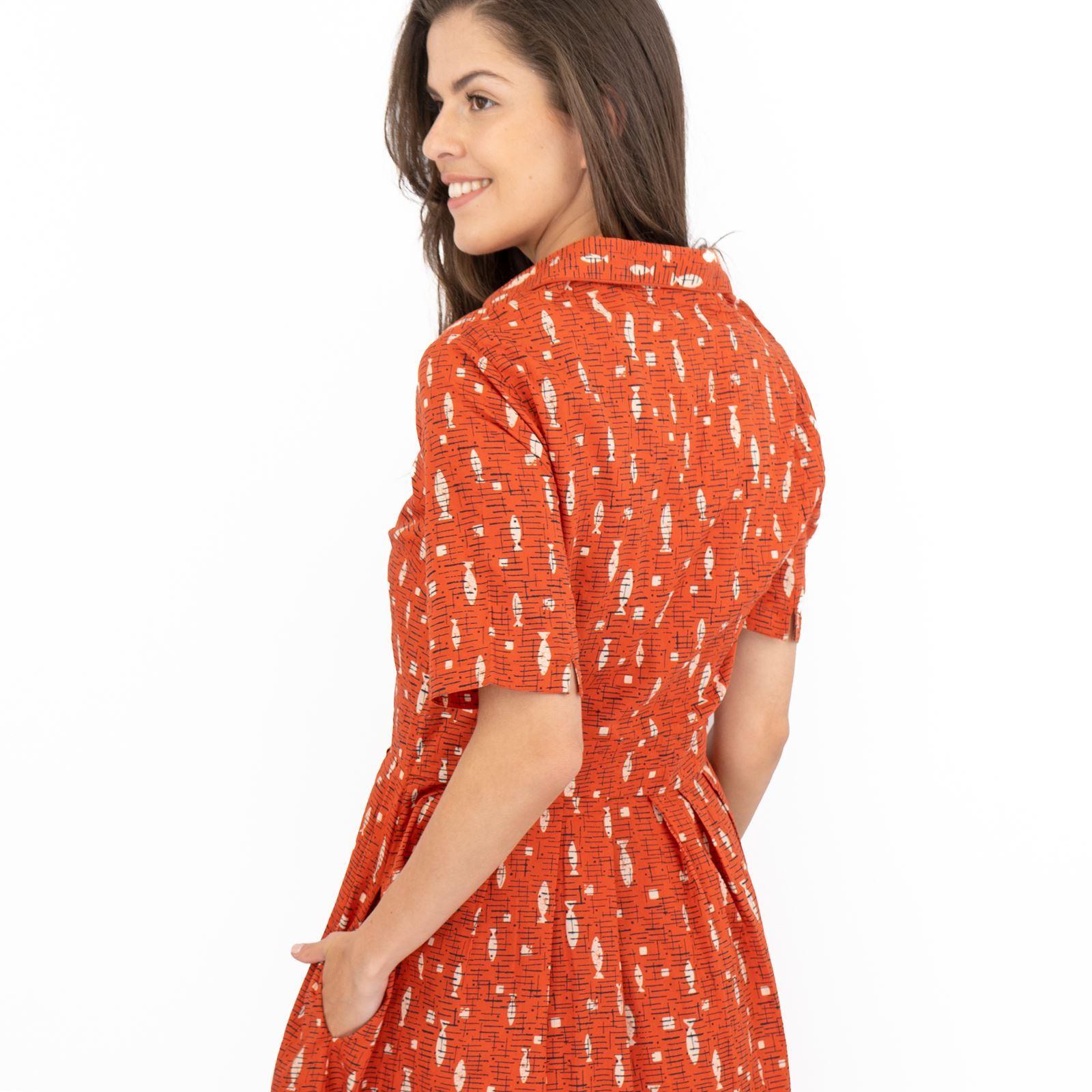 Seasalt Womens Dress Charlotte Fish Orange Cotton Midi Fit & Flare Pockets