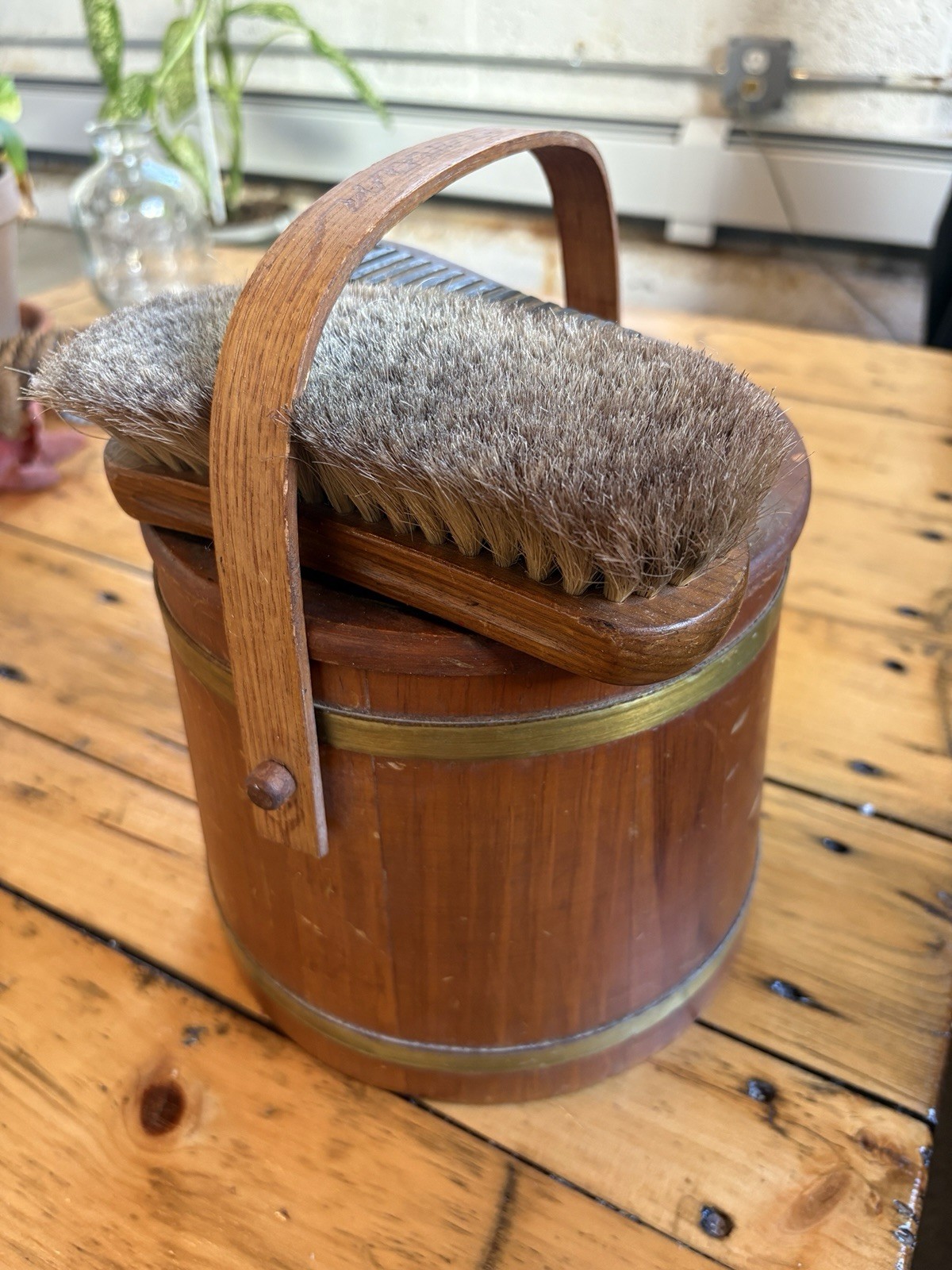 Vintage Wooden Shoe Shine Kit w/ Branded Boot Polish Tins and brushes