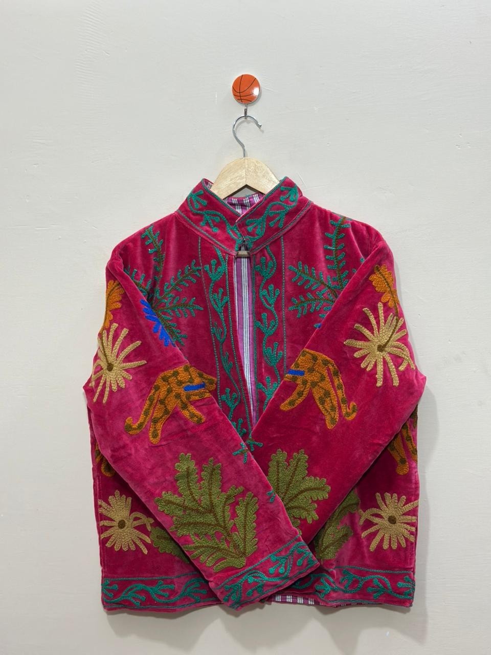 Pink Velvet Suzani Jacket Leopard Animal Embroidered Ethnic Women Boho Coat US