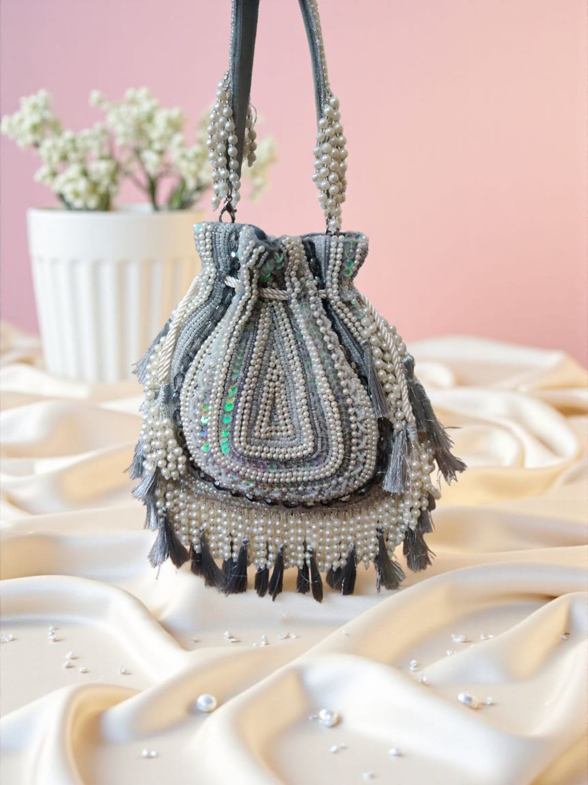 Evening Bag Royal Pearl Tassel Designer Potli Handcrafted Bridal Wedding Handbag