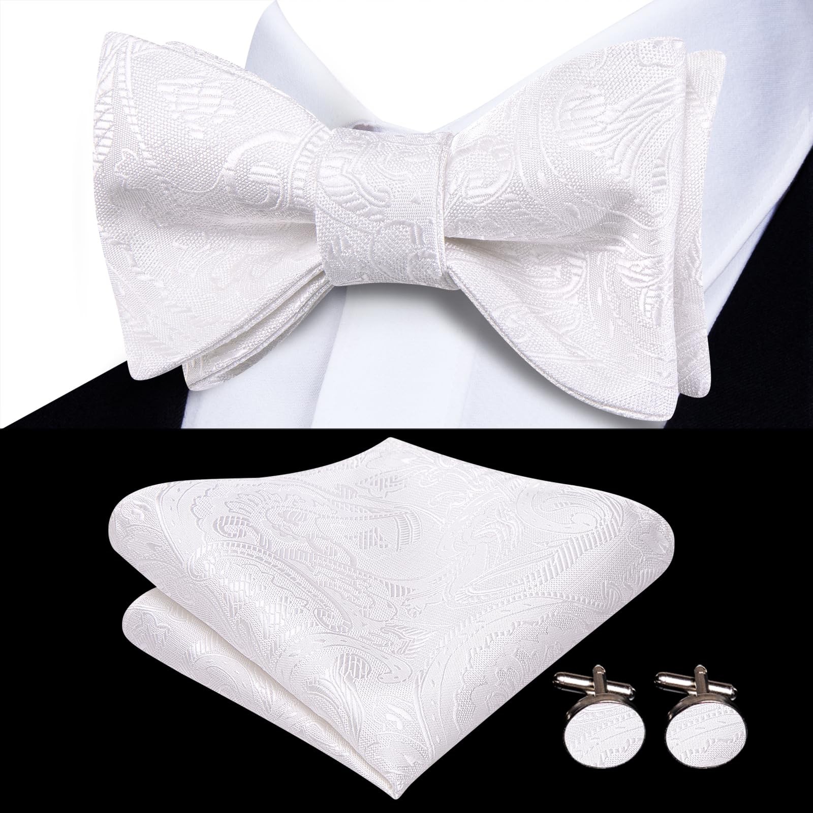 Men’s White Bow Tie Set 3 PCS Silk Self Tie Adjustable Bowtie Handkerchief Po