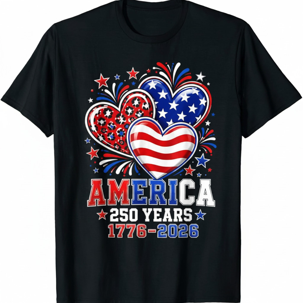 America 250 Years T Shirt 1776-2026 Patriotic Hearts Independence Day Tee