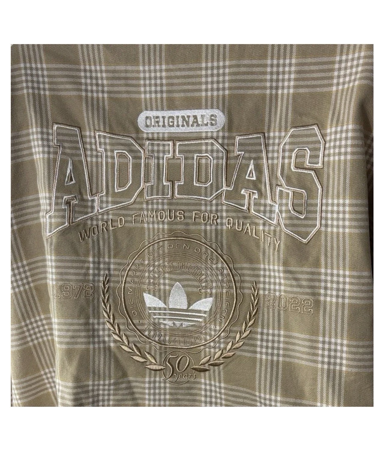 adidas Originals Plaid Coach Jacket Beige White Embroidered Logo Men Size M