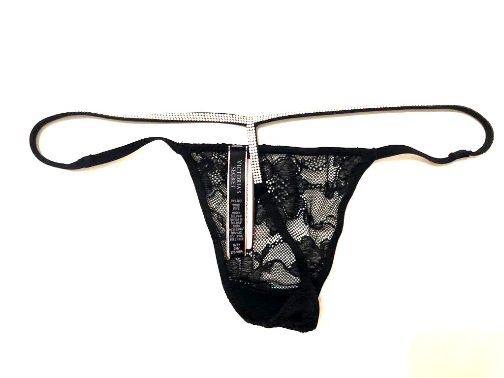 Victoria’s Secret T-Back Shine Strap Rhinestone Lace V-String Panty Black NWT