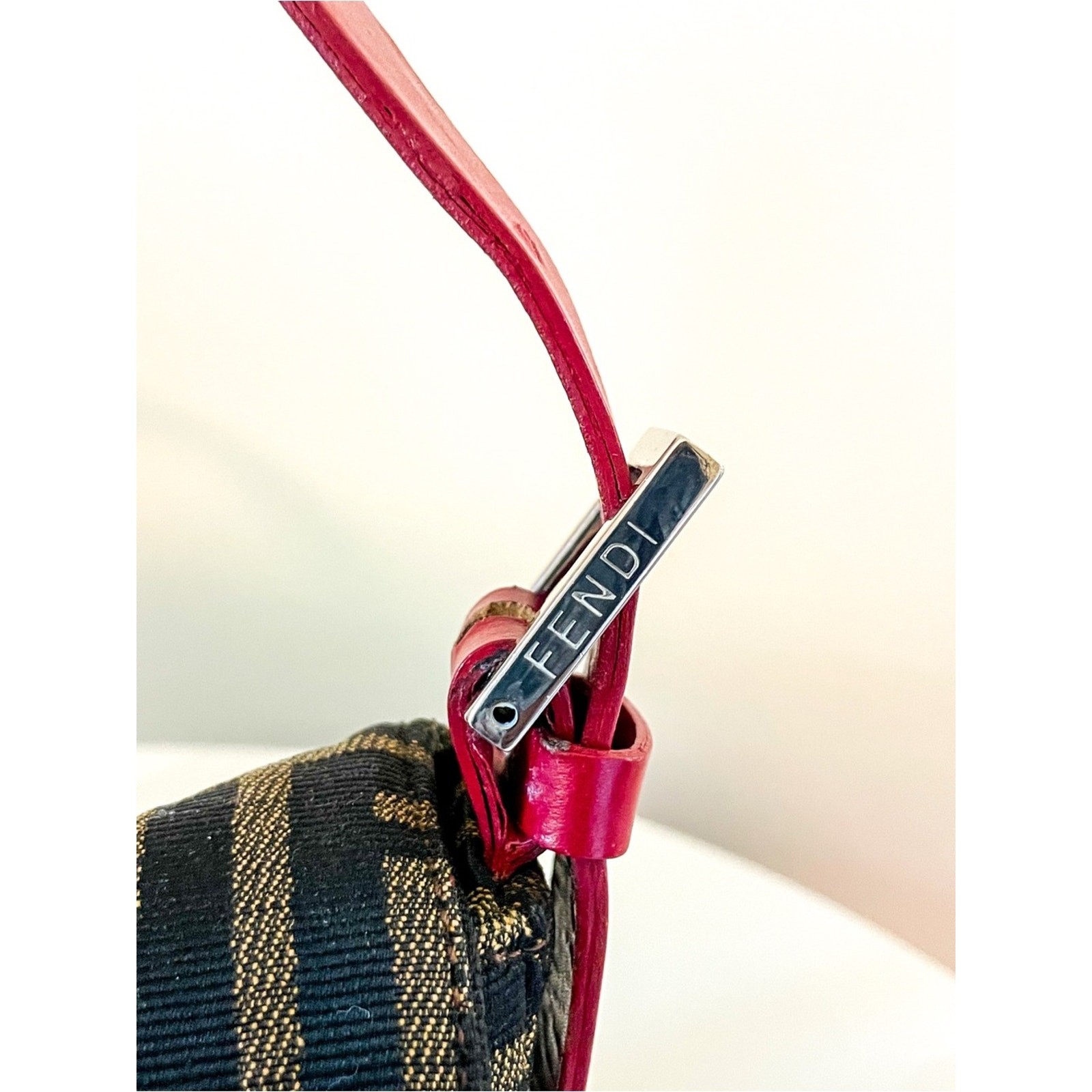 Authentic Fendi Baguette shoulder bag Zucca FF monogram canvas red leather trim