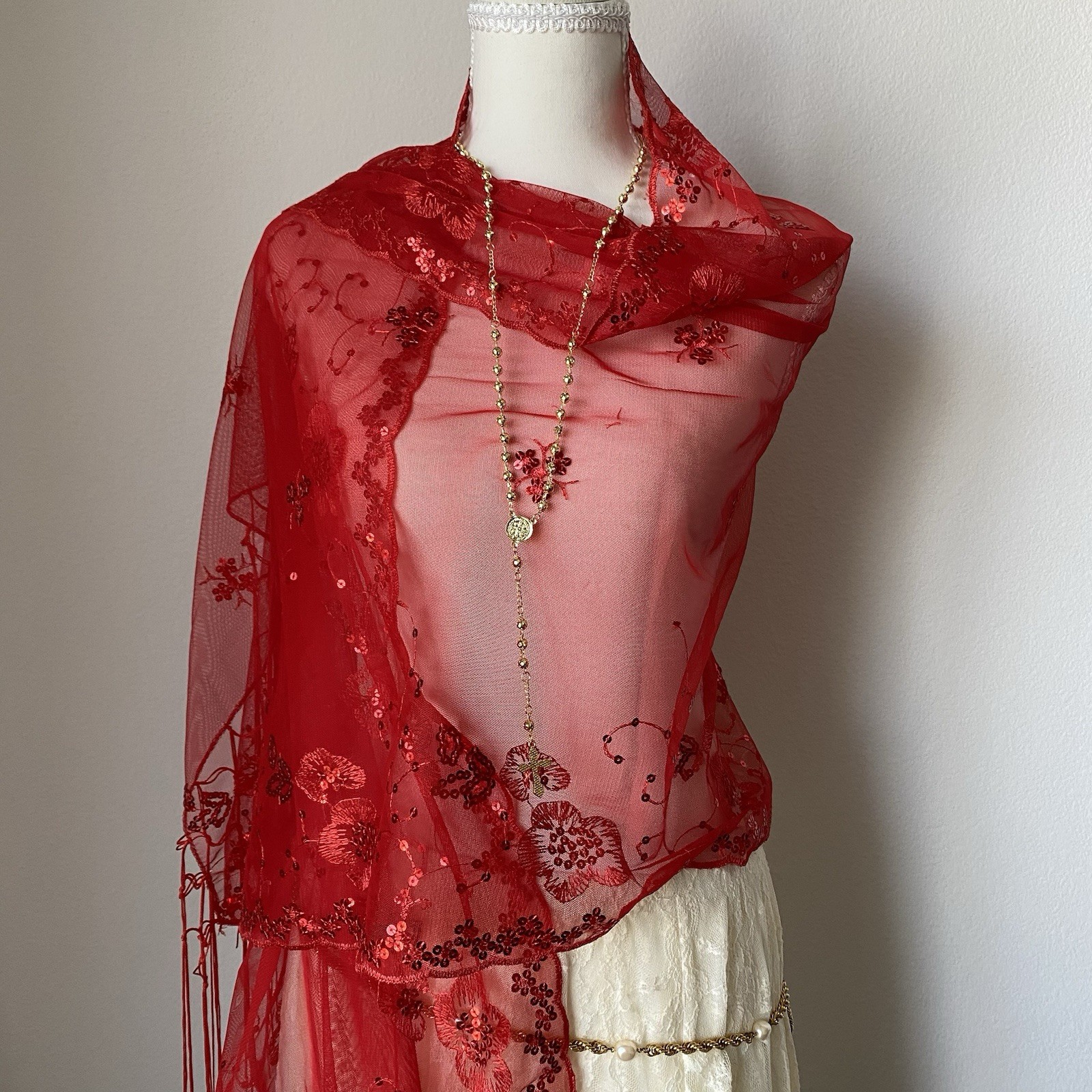 Red Mesh Sheer Shawl Floral Embroidered Sequin Fringe Women’s Scarf Whimsical