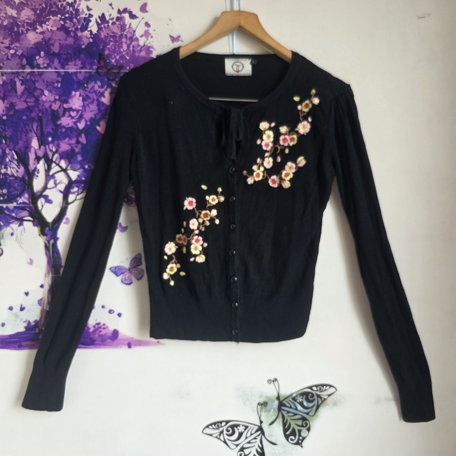 Dancing Days by Banned Retro Cardigan Black Embroidered Floral Blossom 12 14
