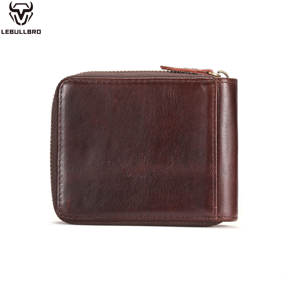 Genuine Leather Wallet Men Large Capacity ID Window Card Case Zip Coin Pocket