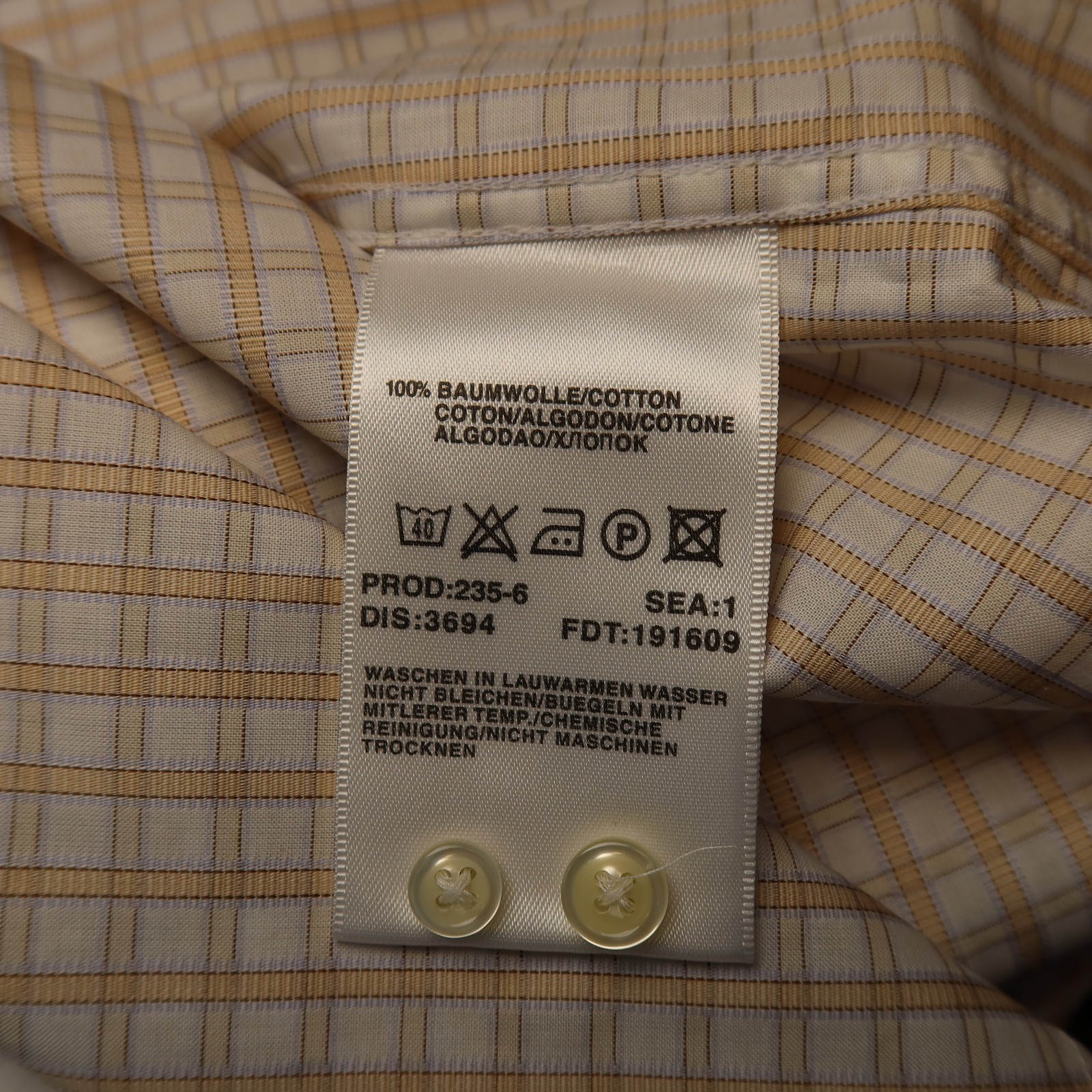 NWOT Hugo Boss Mens 16×32/33 Sharp Fit Dress Shirt Beige White Plaid 100% Cotton