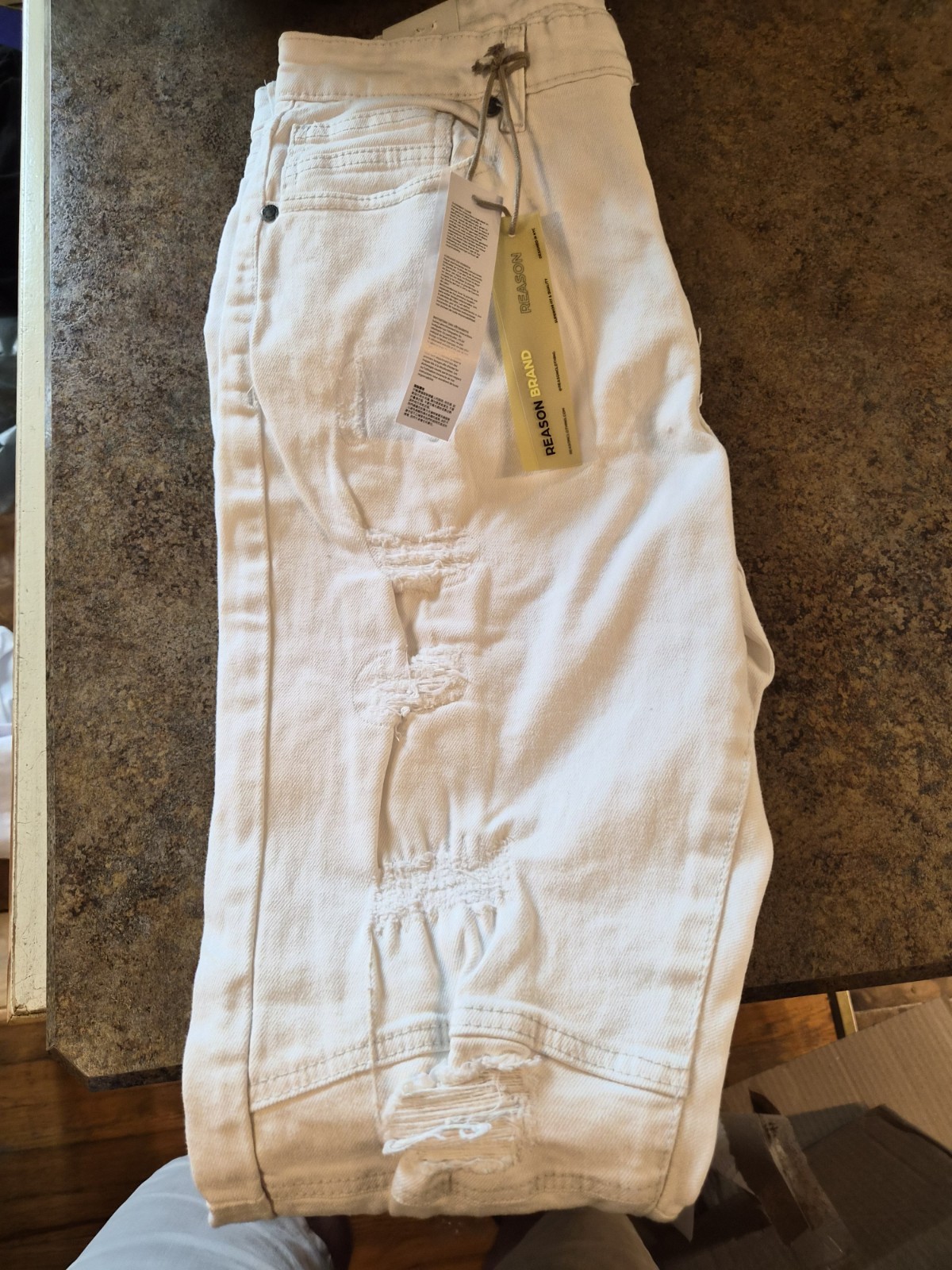 Reason Brand Men’s Skinny White Distressed Denim Jeans 5-Pocket Button