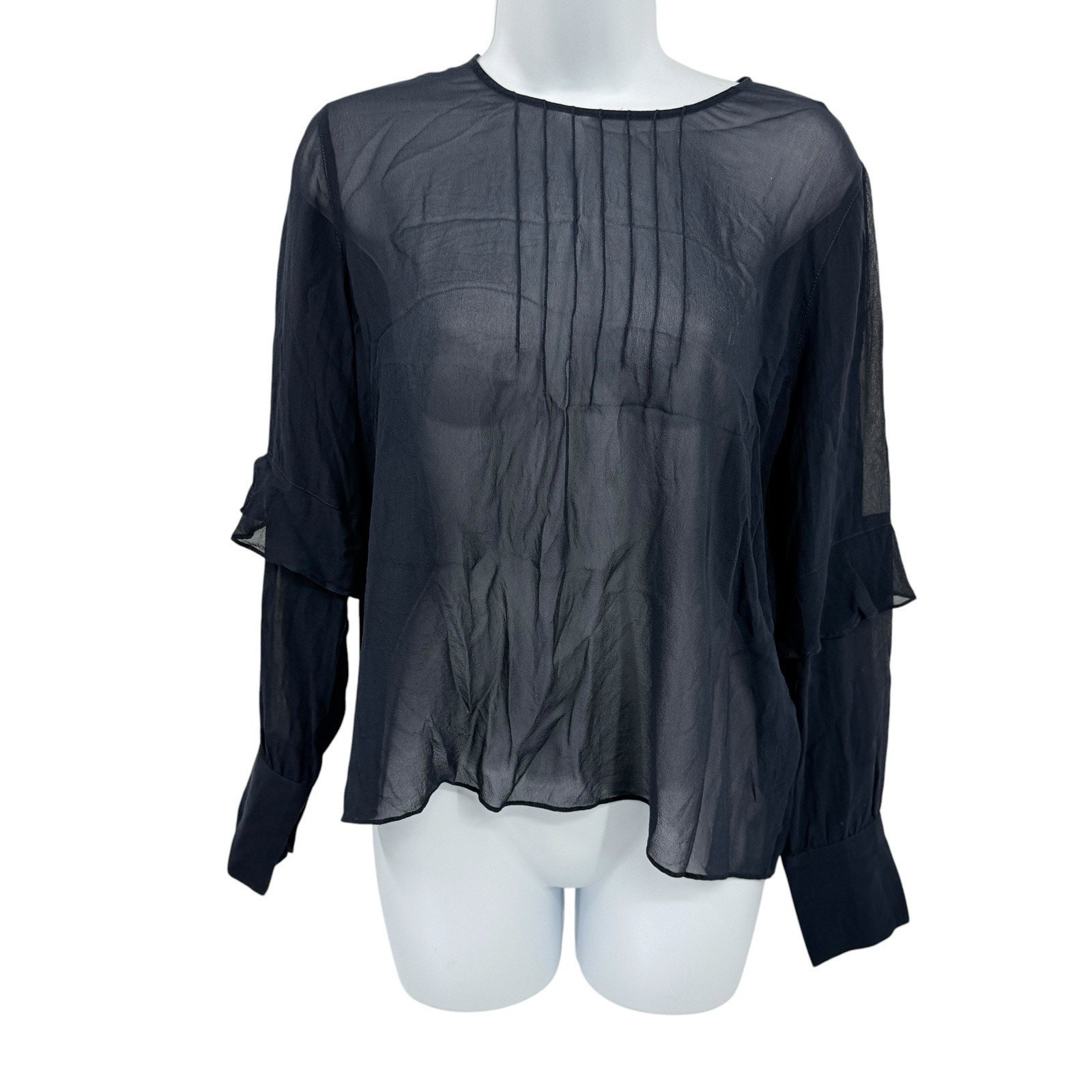 Club Monaco Silk Sheer Blouse Large Navy Pintuck Pleat Ruffle Sleeve Minimalist