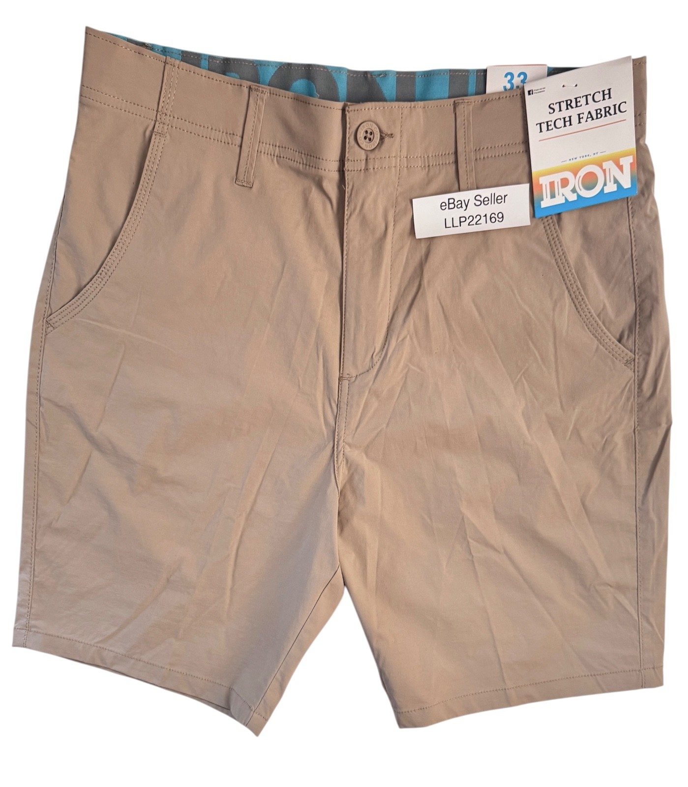 IRON CO Men’s Stretch Nylon Tech Fabric Shorts SIZE 33 Flex Waist SANDSTONE New!
