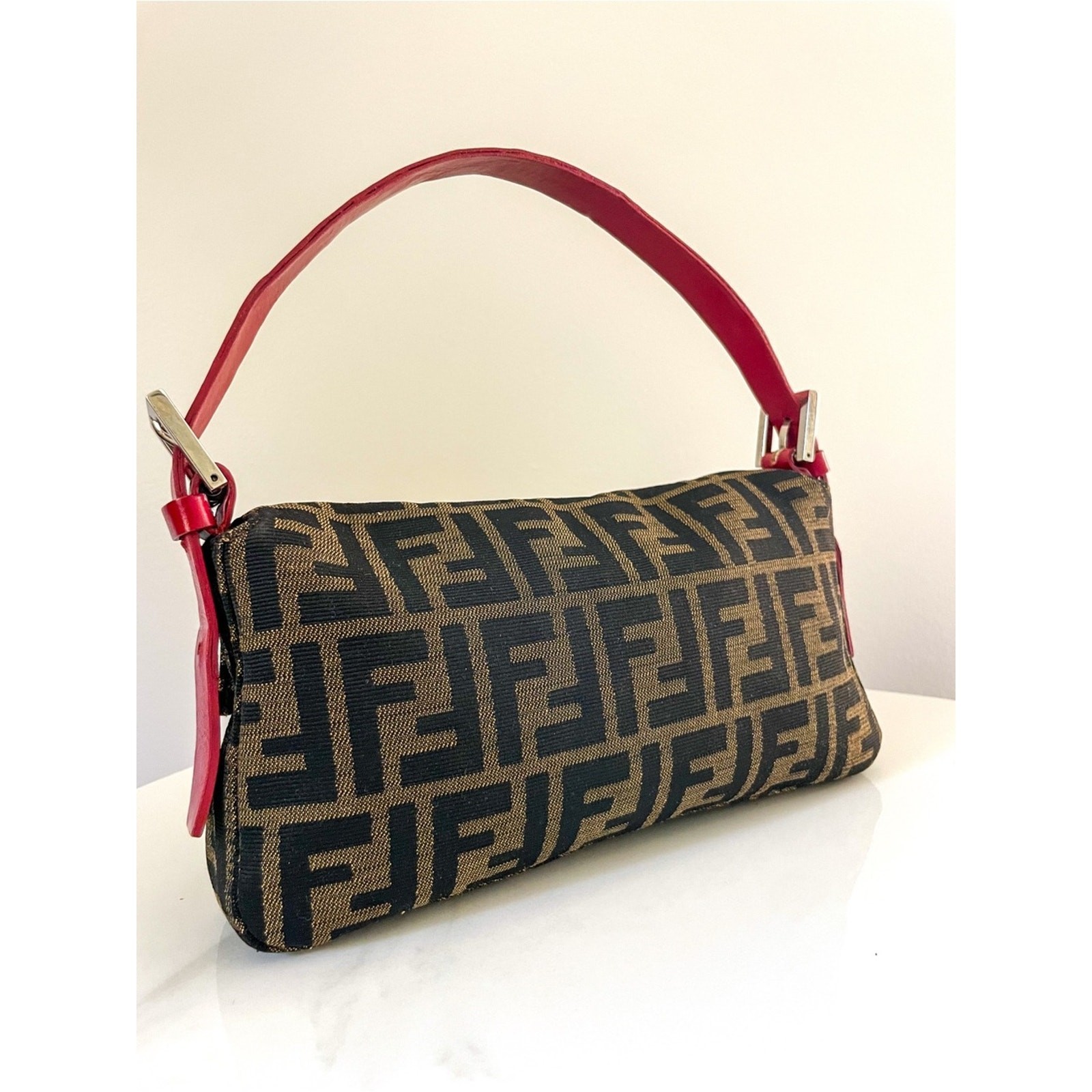 Authentic Fendi Baguette shoulder bag Zucca FF monogram canvas red leather trim