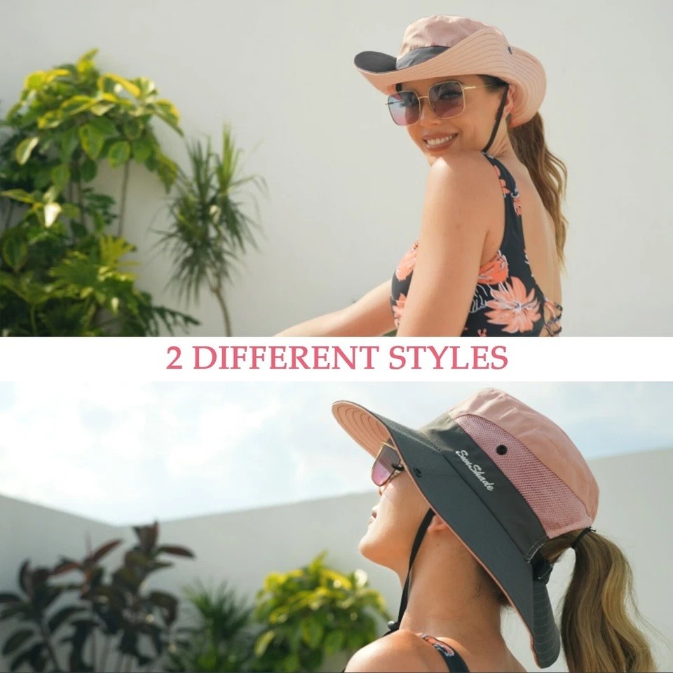 Women’s Summer Bucket Hat Travel Boonie Ponytail Wide Brim Sun UV Protection Cap
