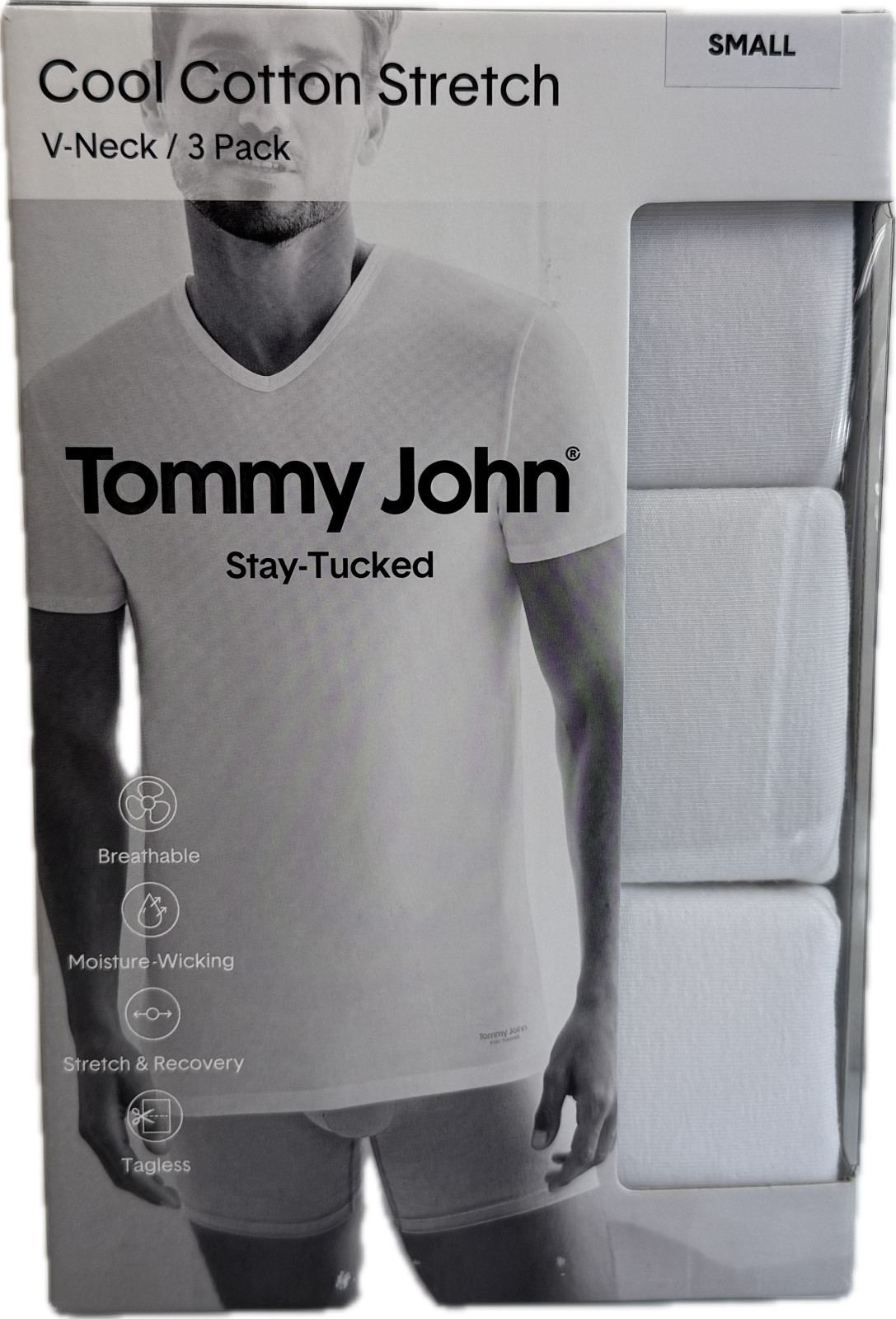 Tommy John 1003995N V-Neck 3 Pk Cool Cotton Stretch White Shirt (New in Box)