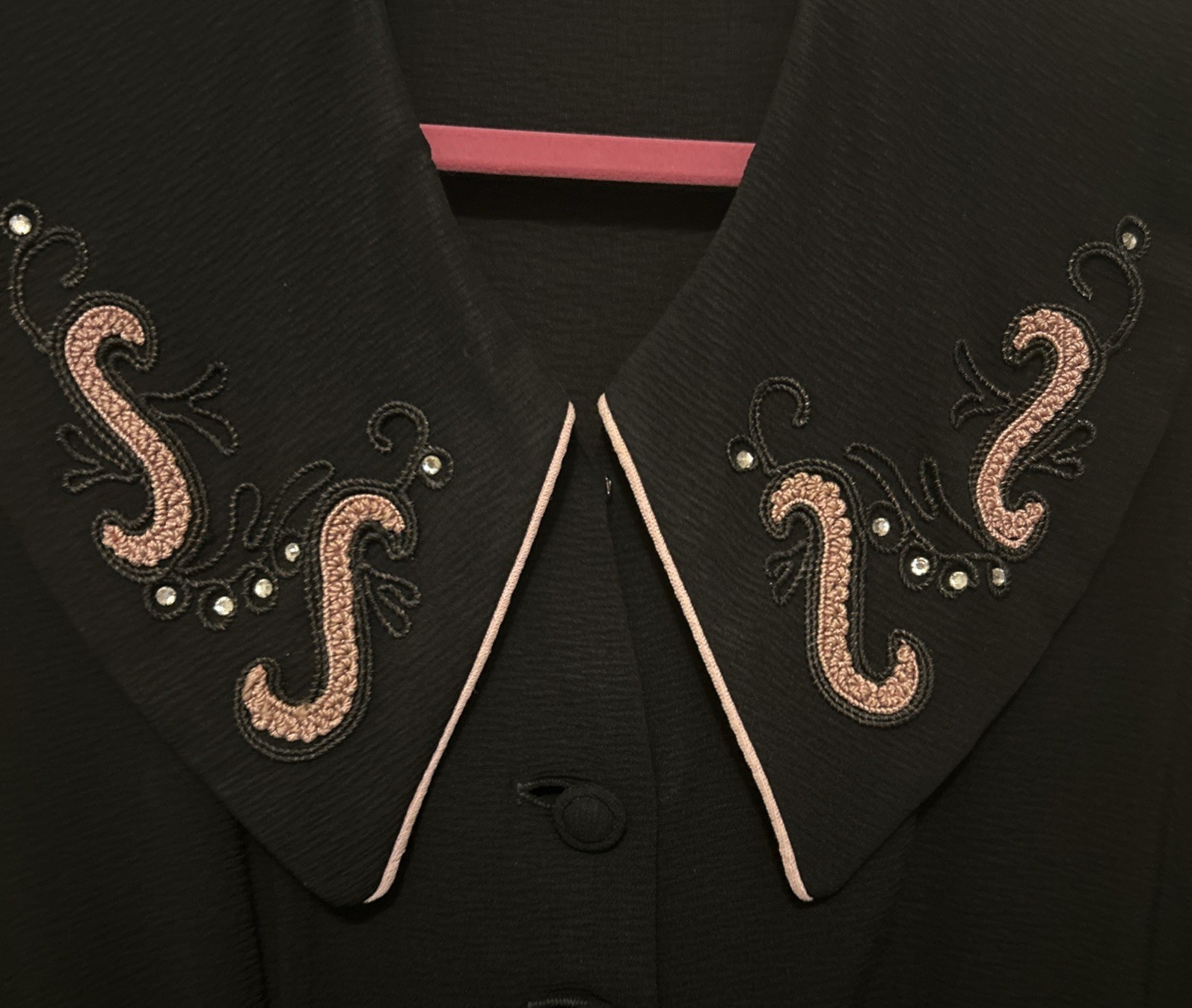 Vintage 50s 60s Belted Dress Black w/ Pink Piping Rhinestones Retro Rockabilly