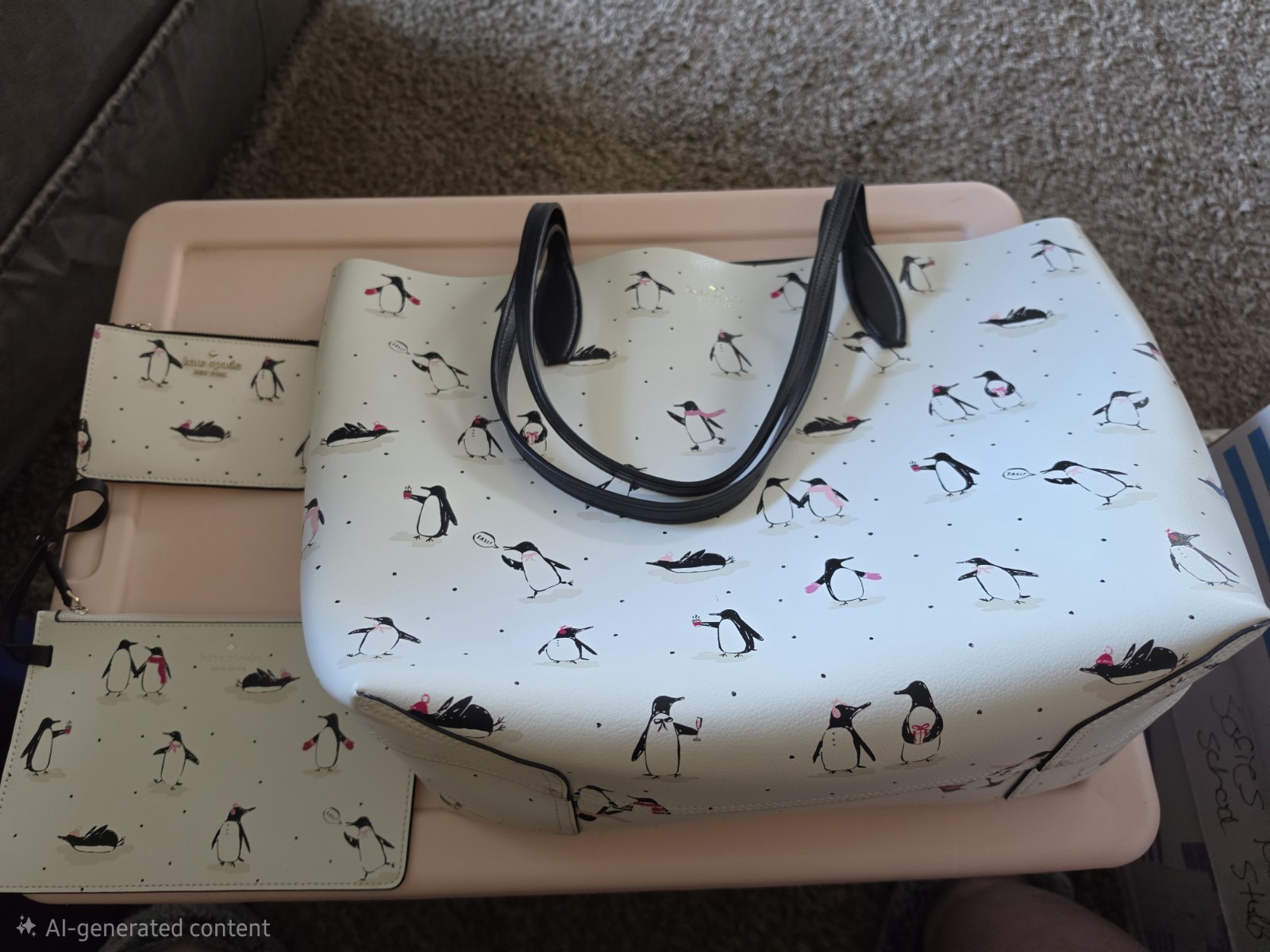 kate spade new york White/Black Penguin Print Tote Zip Handbag w/ Pouch, Gold HW