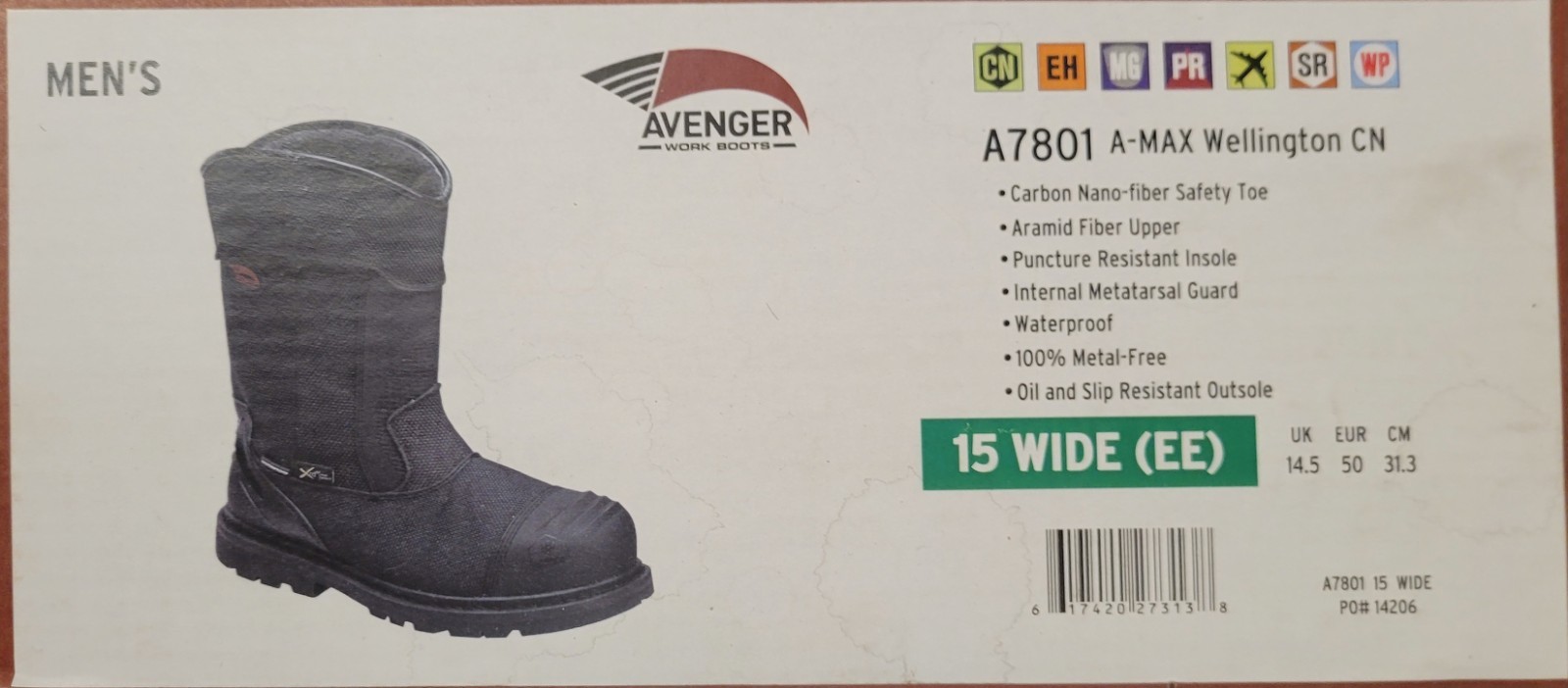 Men’s 15 Wide (EE) Avenger Work Boots Men’s Carbon Toe A7801