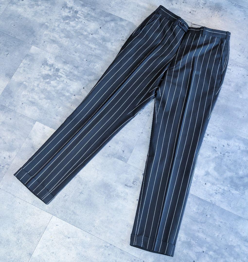 ERMENEGILDO ZEGNA Chalk Stripe Suit Black Cotton Silk Slim Fit 38R 2 Piece