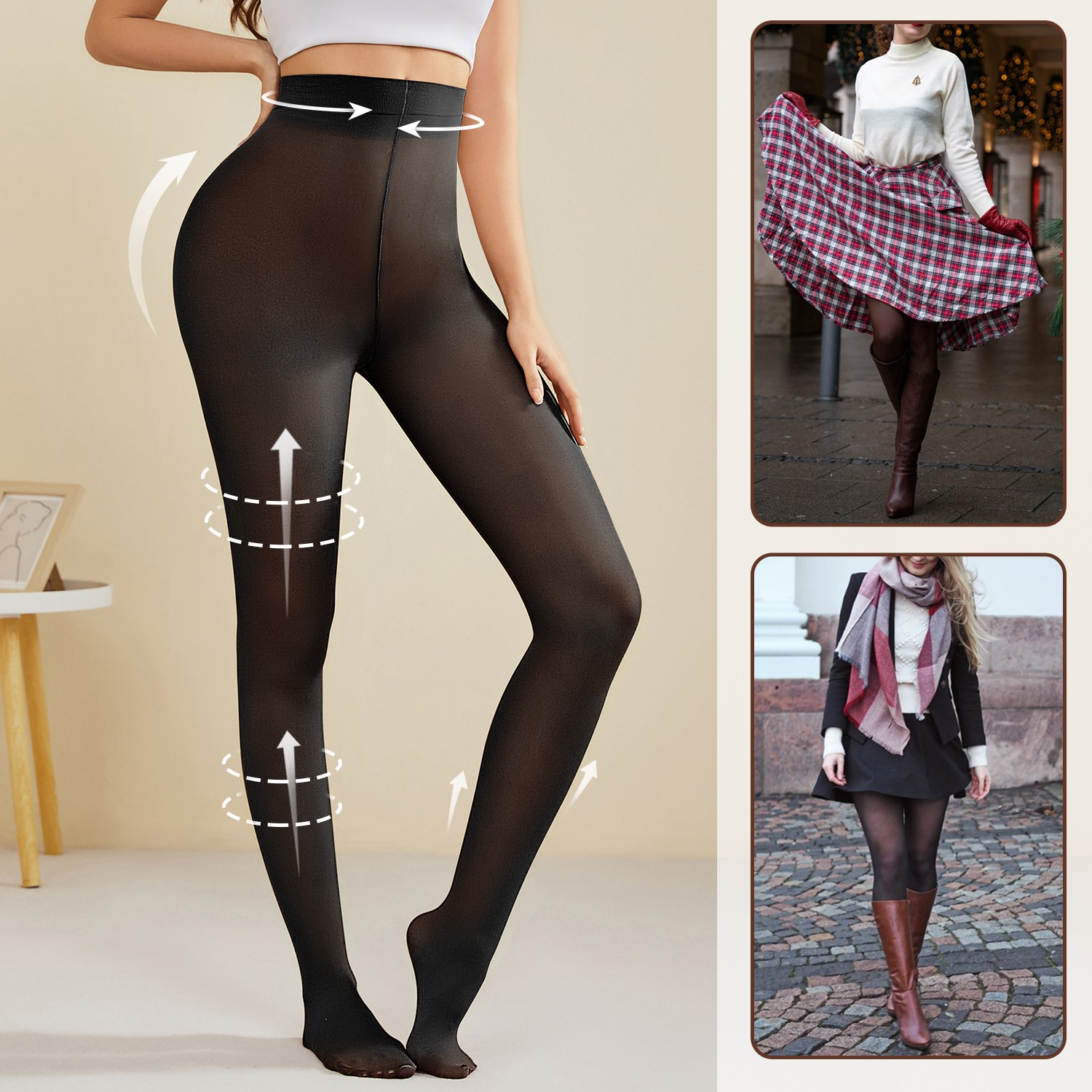 Semi Sheer Control Top Pantyhose for Women High Waist High Stretch Tights Black