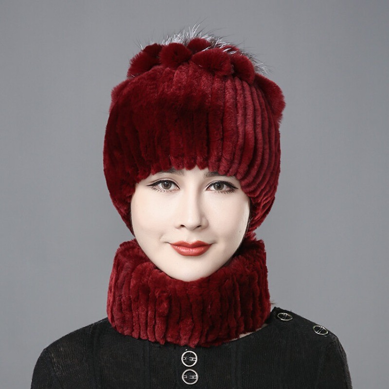 Winter Fur Hats Scarf Women Real Rex Rabbit Warm Beanie Cap With Fox Fur Fluffy