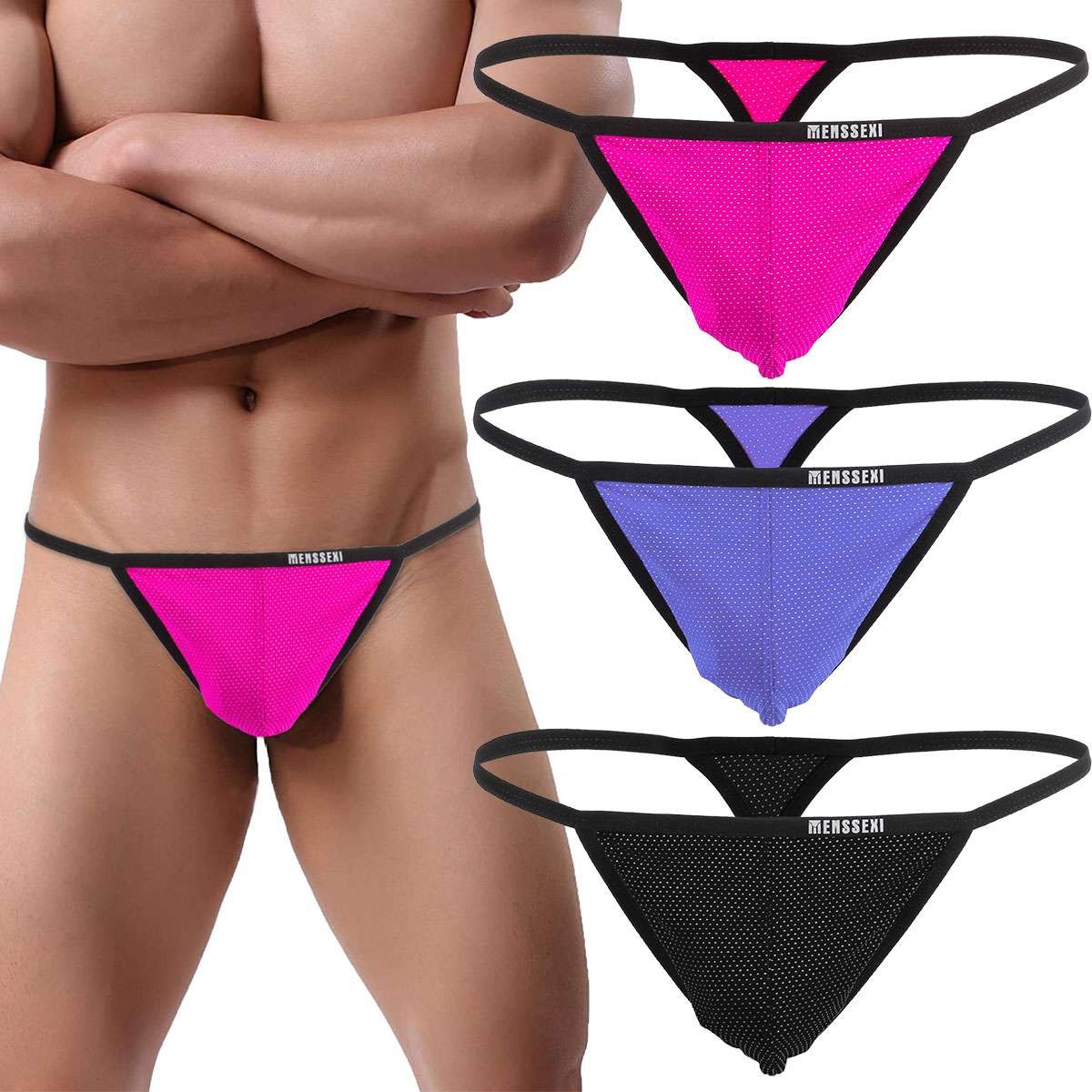 1-3PCS Mens Sexy T-Back G-string Thong Bikini Underwear Mesh Sheer Pouch Thongs