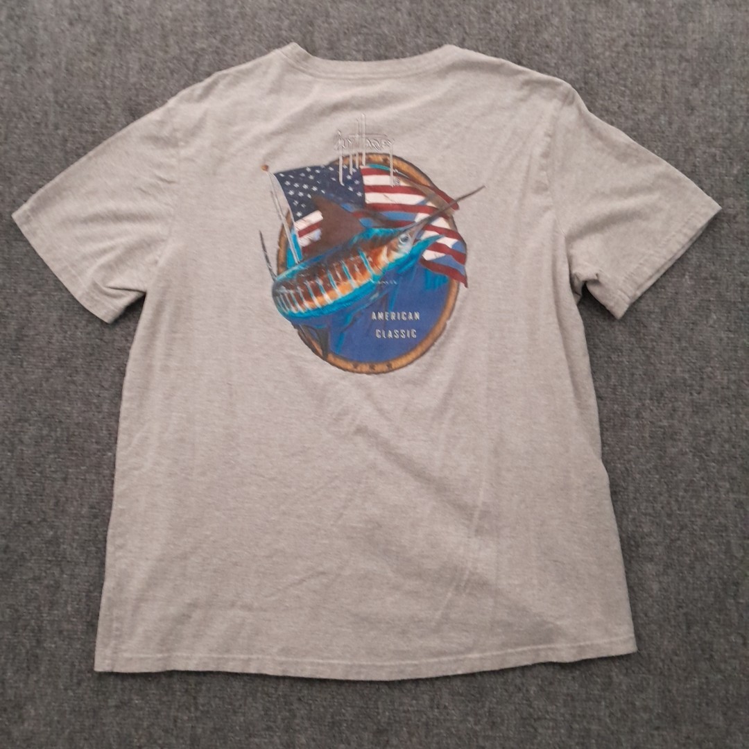 Guy Harvey T Shirt Mens L Gray Pocket Marlin Flag American Classic Fishing Art