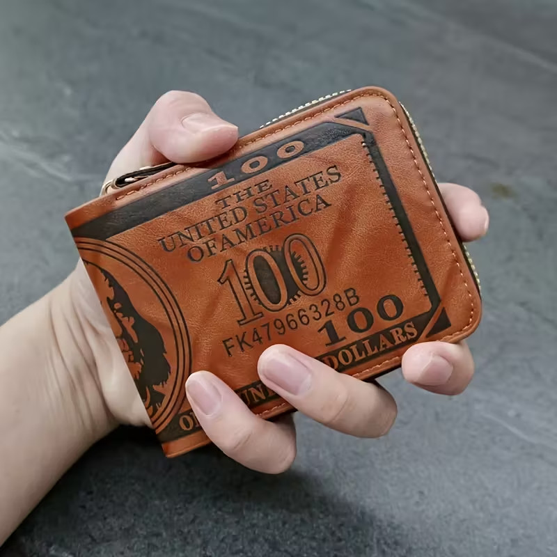 Men US $100 Dollar Bill Novelty Leather Bifold Wallet Card Holder with zipper