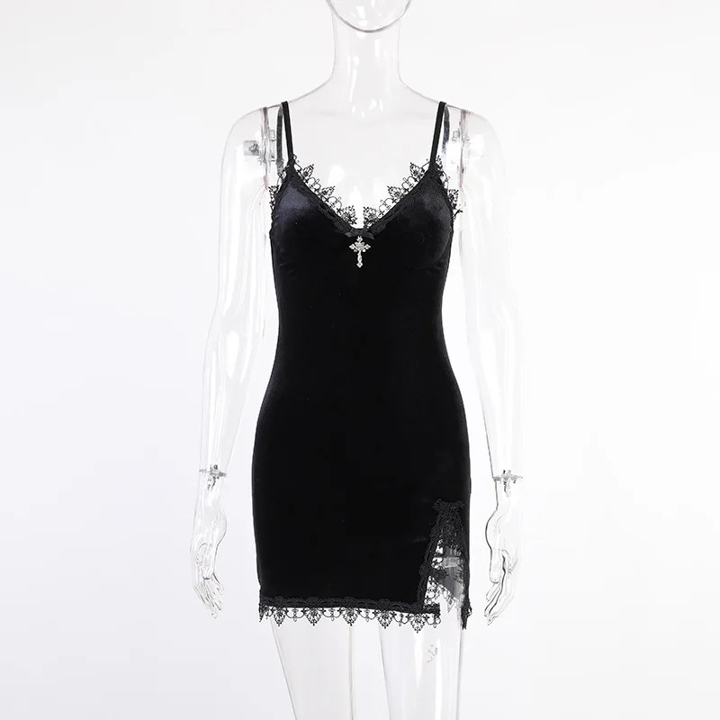 Black Mini Dress Vintage Sexy Spaghetti Strap Slit Dresses Goth Party Club Women