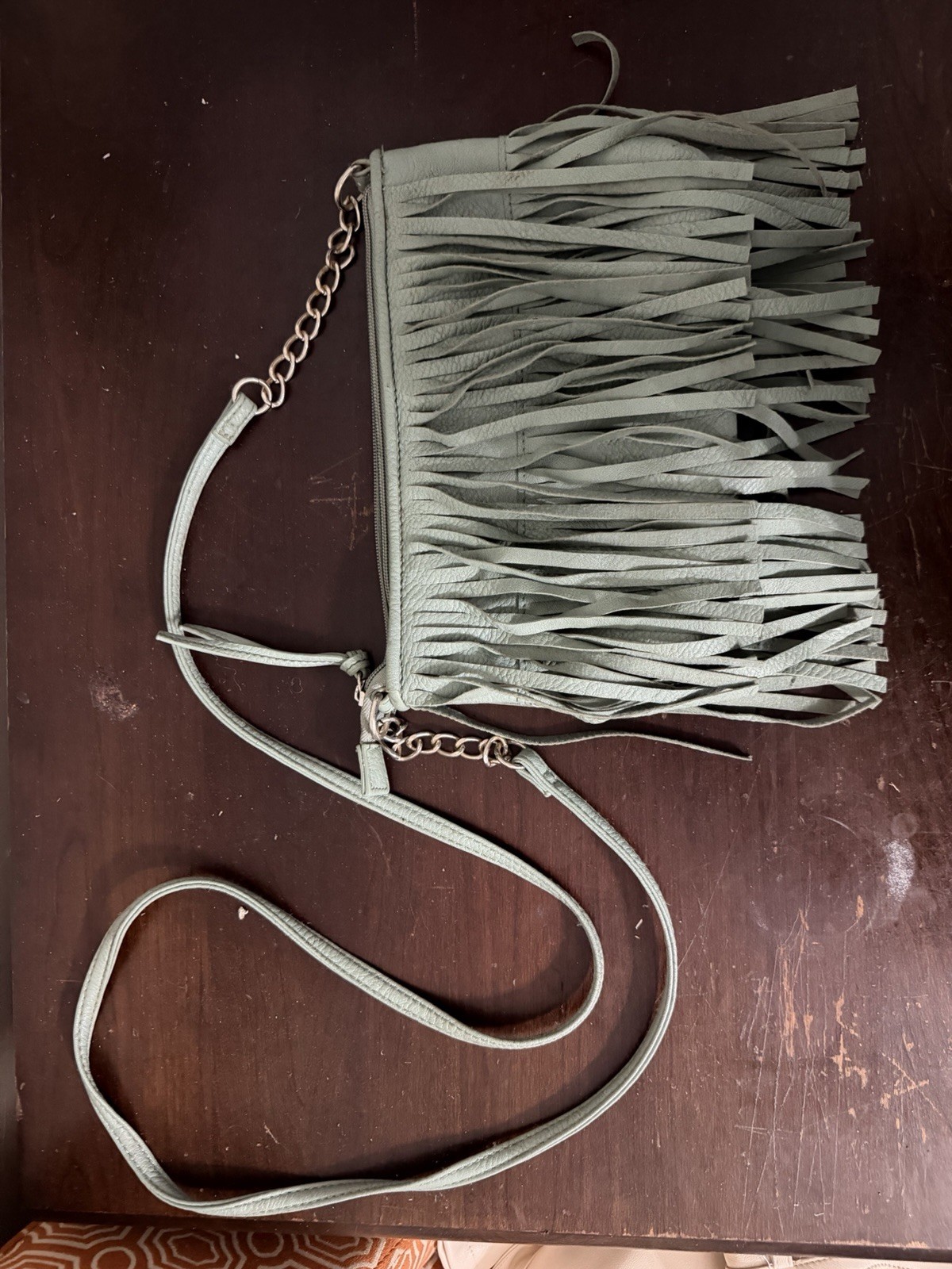 Greenish Gray Fringe Small Crossbody Purse w/ Silver Chain Strap Zip Closure