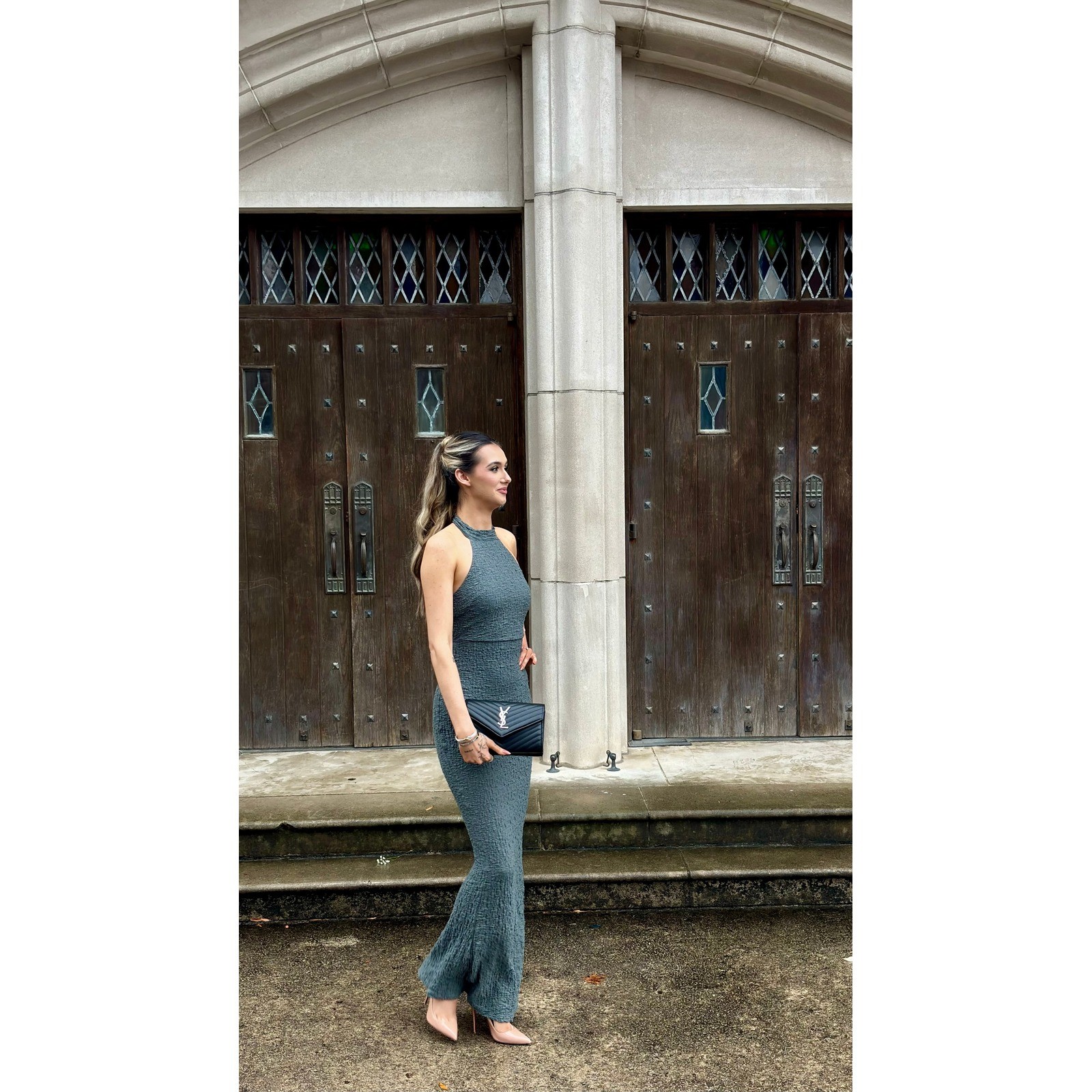 Fashion Nova Popcorn Texture Halter Maxi Dress Women Charcoal Grey