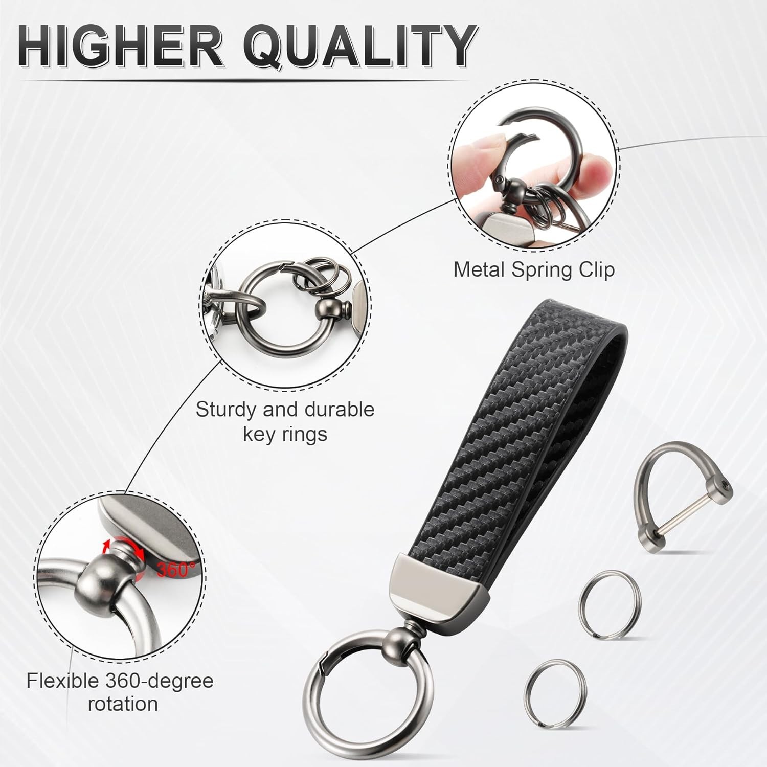 Leather Keychain, Carbon Fiber Car Key Chain with Anti-Lost D-Ring