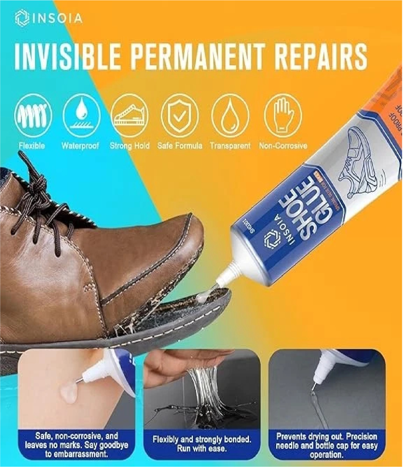Shoe Glue Sole Repair Kit, Heavy Duty Shoe Adhesive, Waterproof, Flexible, Clear