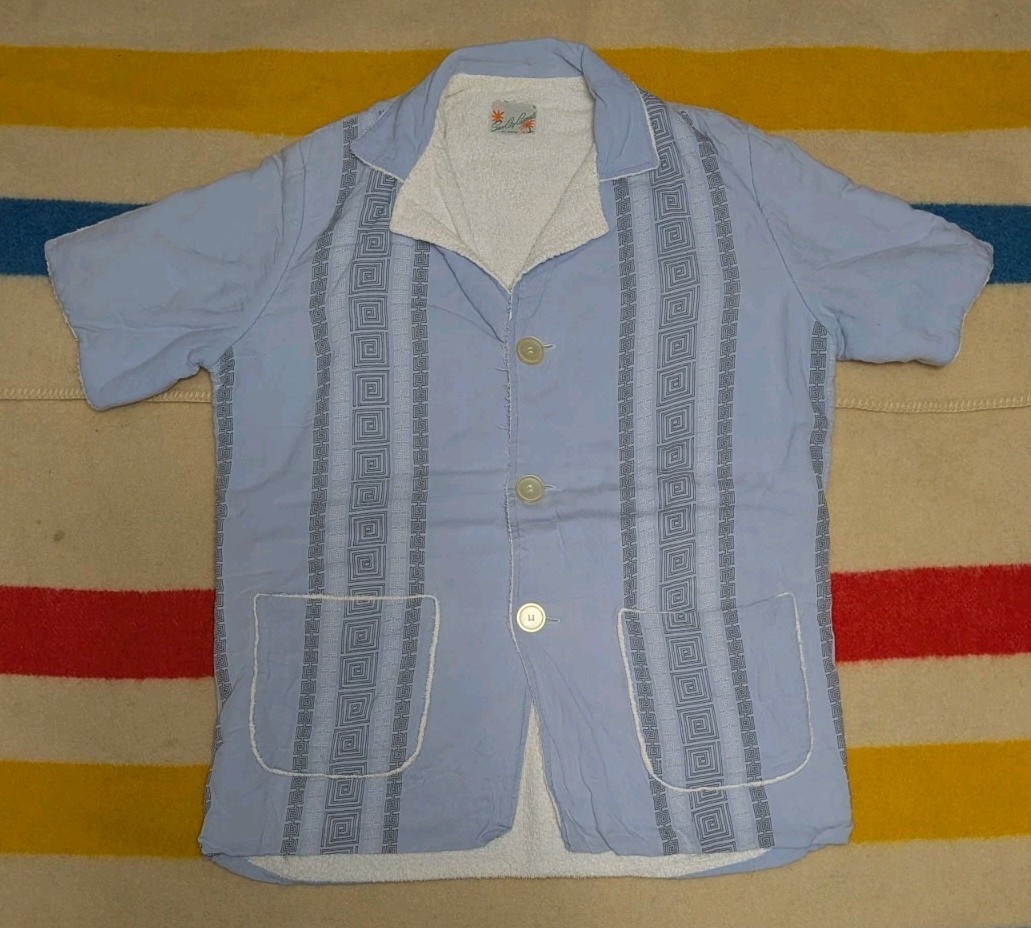 VTG 50s 60s Sun City Casuals Of Miami USA Terry Cloth Aztec Print Beach Shirt L