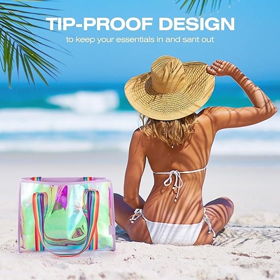 Iridescent Clear Beach Tote Bag Large Waterproof Zipper Pocket Swim Pool Women