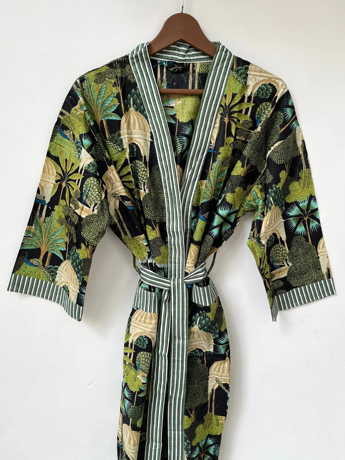 Indian Cotton Robe Long Kimono Sleepwear Black Floral Printed Night Kimono Robe