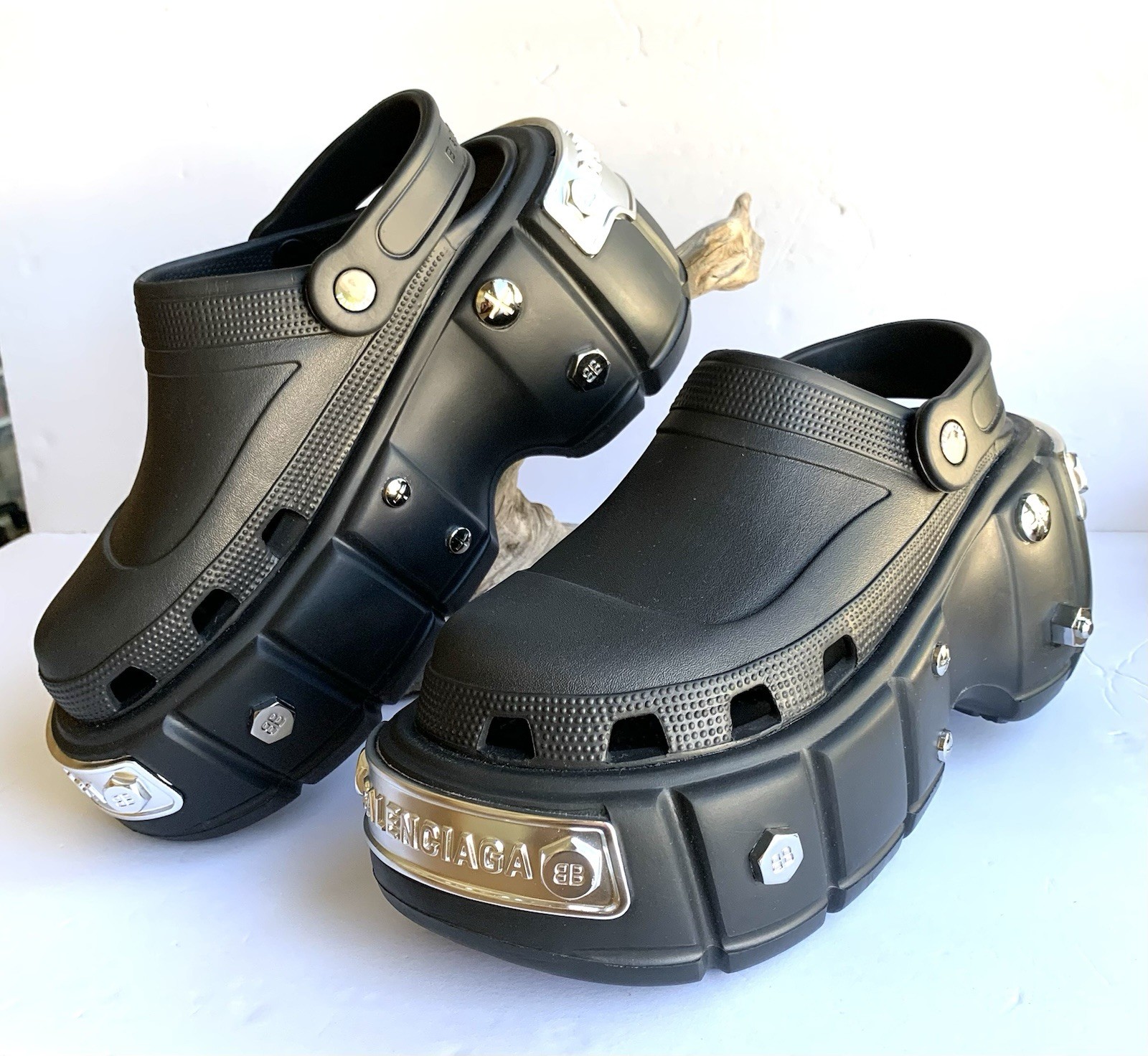 Balenciaga Crocs Black Hardcrocs Giant Platform Slides Silver Hardware W8 M6 NEW